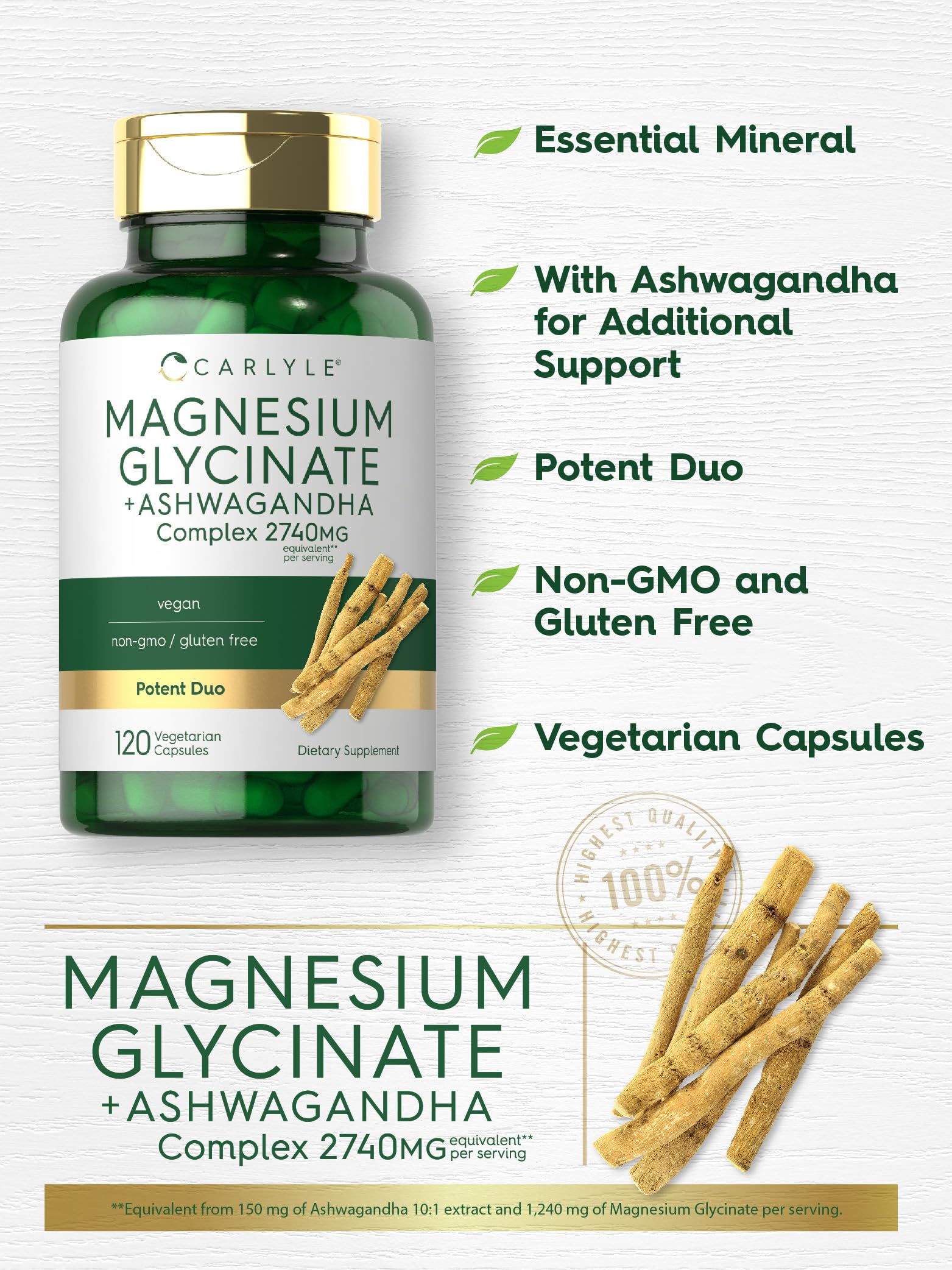 Foto 4 | Suplemento Carlyle Glicinato De Magnesio + Ashwagandha 120 Cápsulas - Venta Internacional