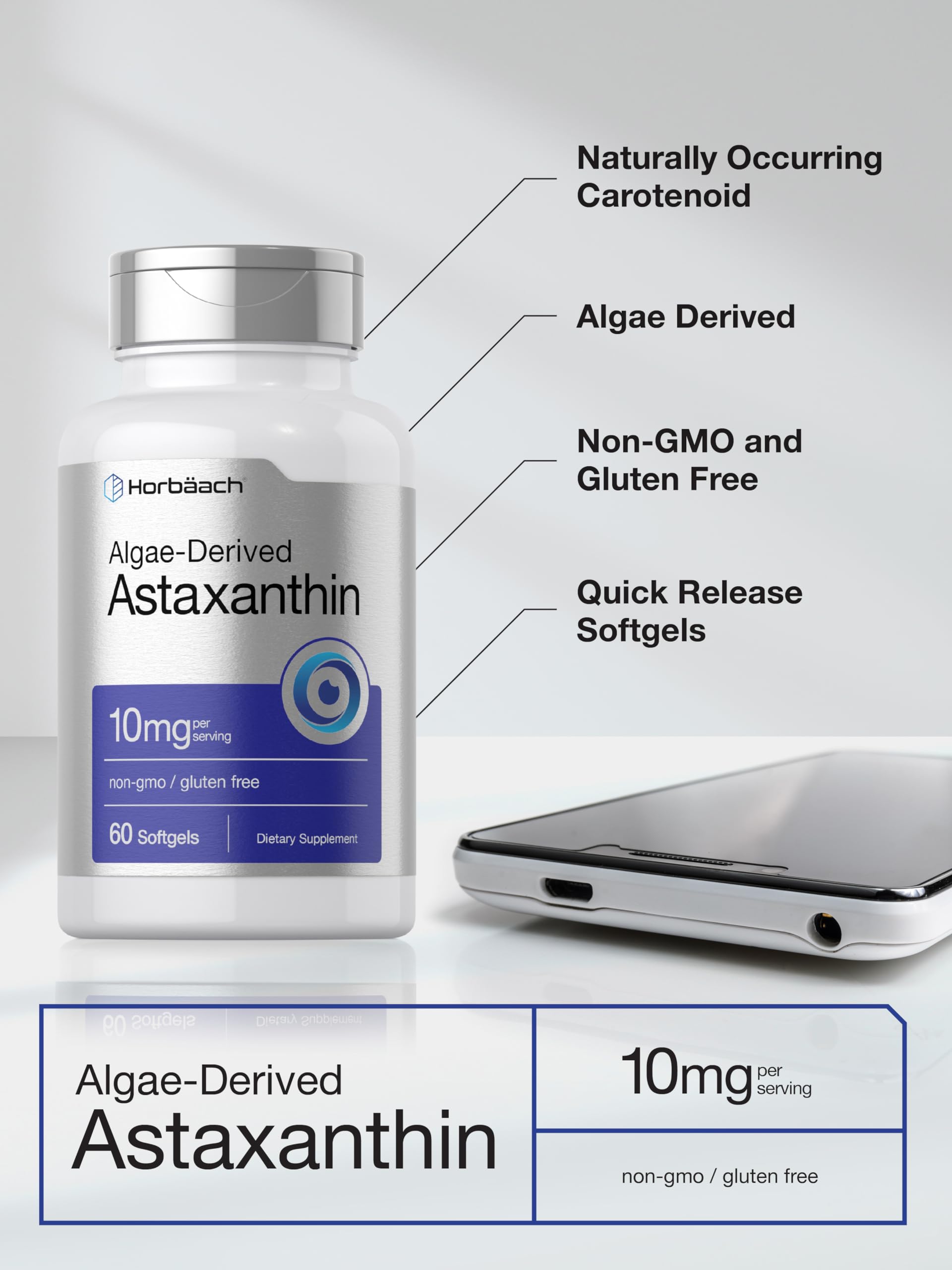 Foto 5 pulgar | Suplemento Horbaach De Astaxantina 10 mg 60 Cápsulas Blandas - Venta Internacional
