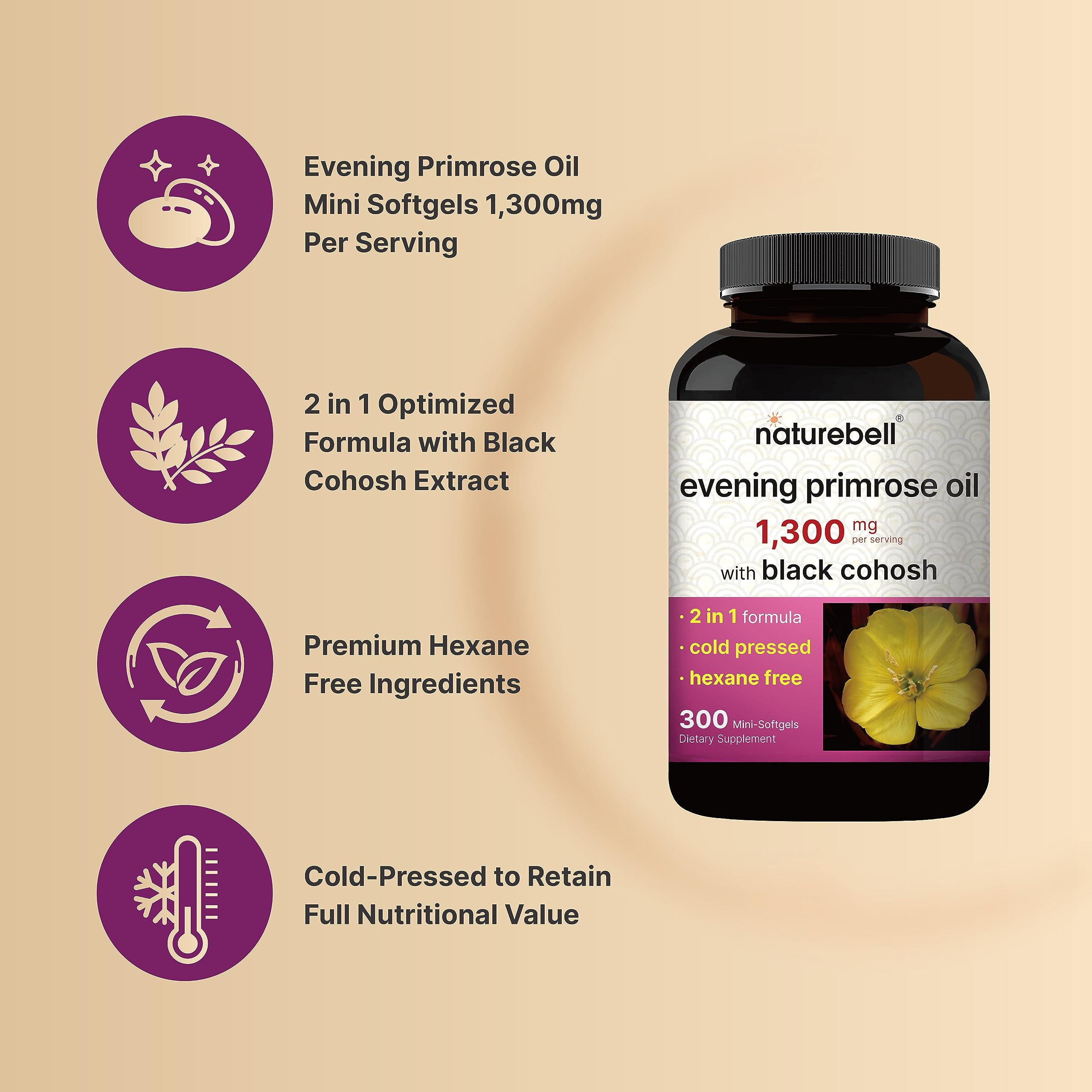 Foto 4 pulgar | Suplemento de Aceite de Onagra Naturebell 1300 mg 300 Cápsulas Blandas - Venta Internacional