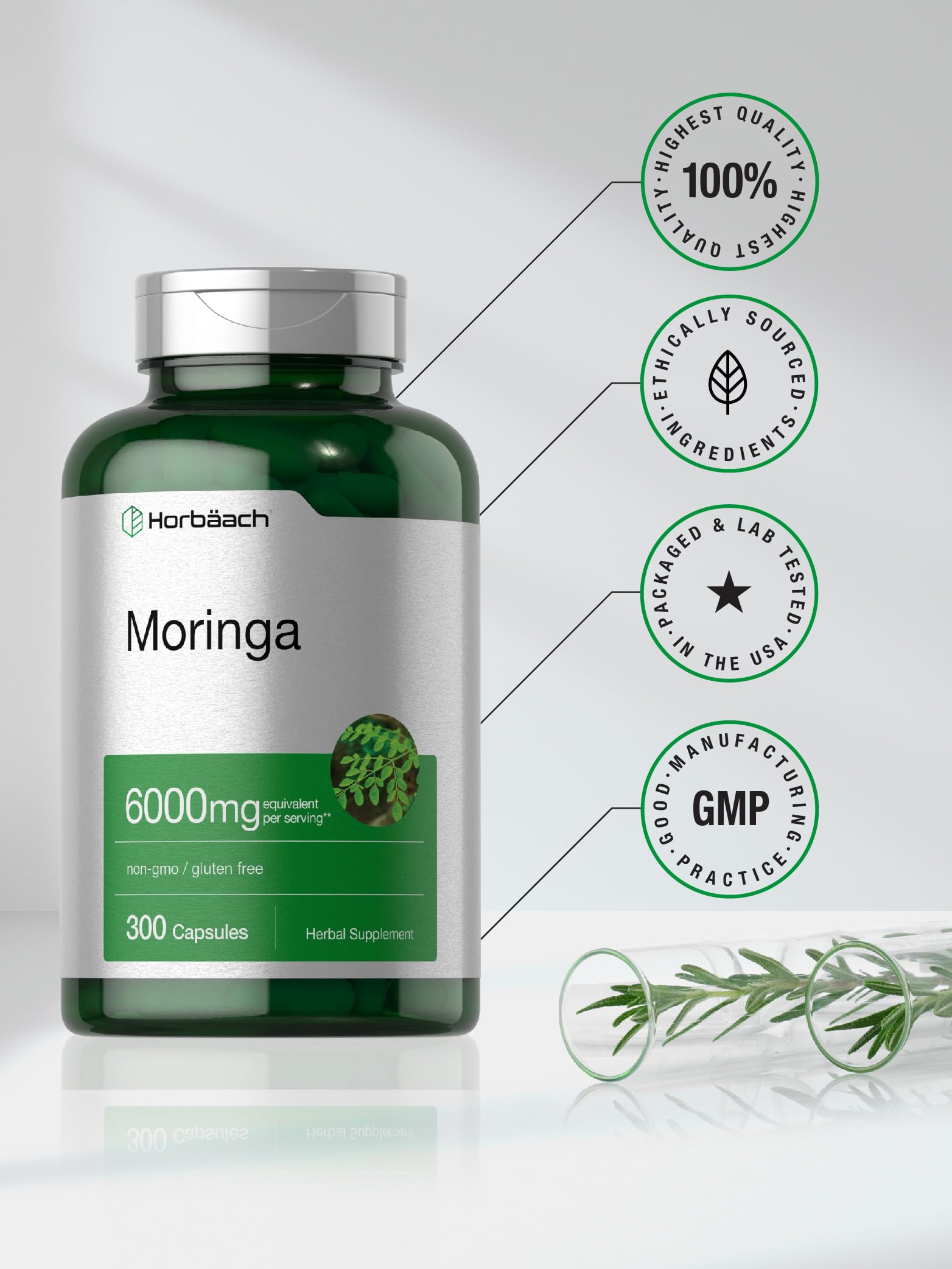 Foto 6 pulgar | Suplemento Horbäach Moringa Oleifera 6000 mg 300 Cápsulas - Venta Internacional