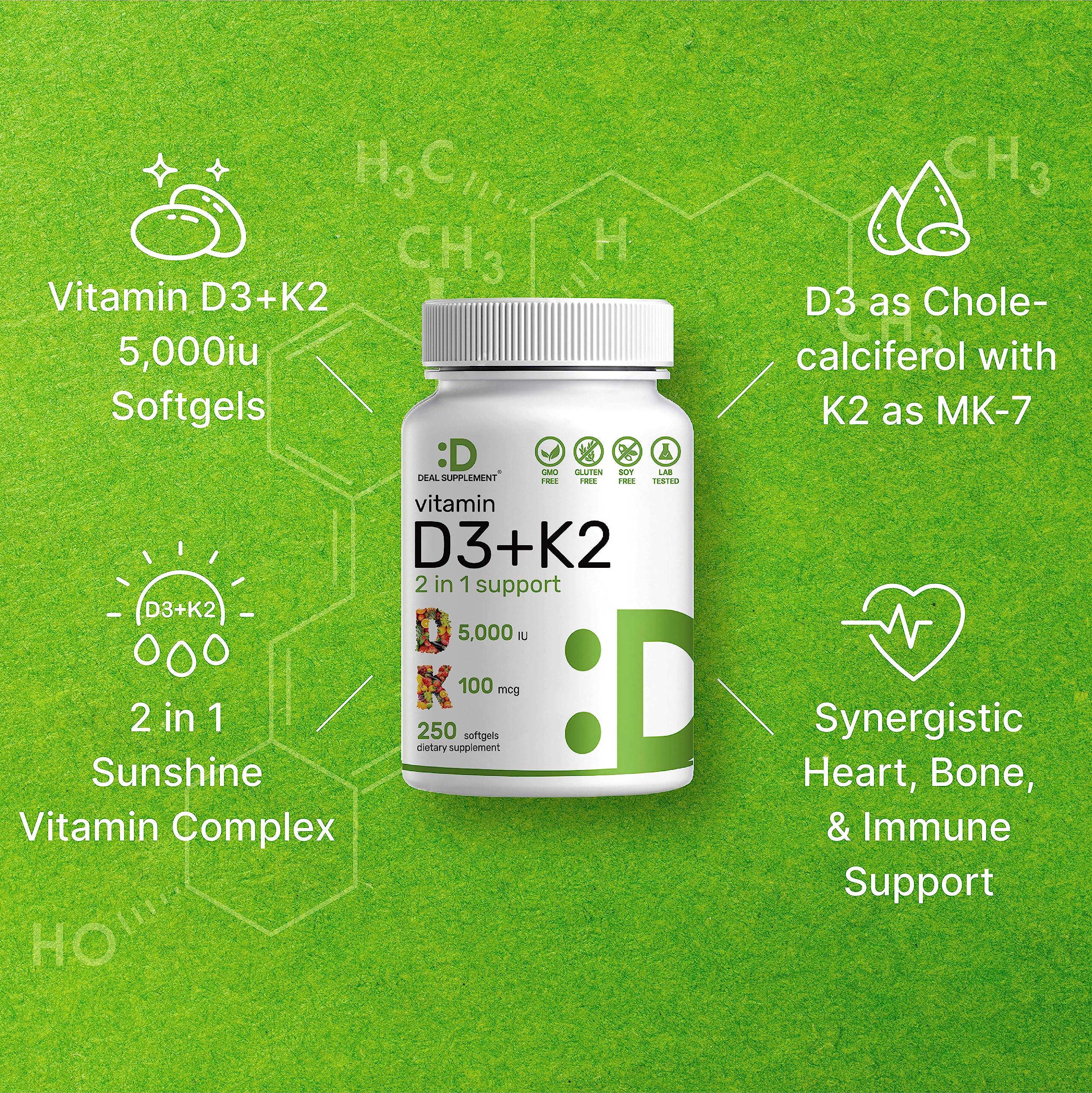 Foto 5 pulgar | Suplemento Deal Vitamina D3 K2 5000 Ui 250 Cápsulas Blandas - Venta Internacional