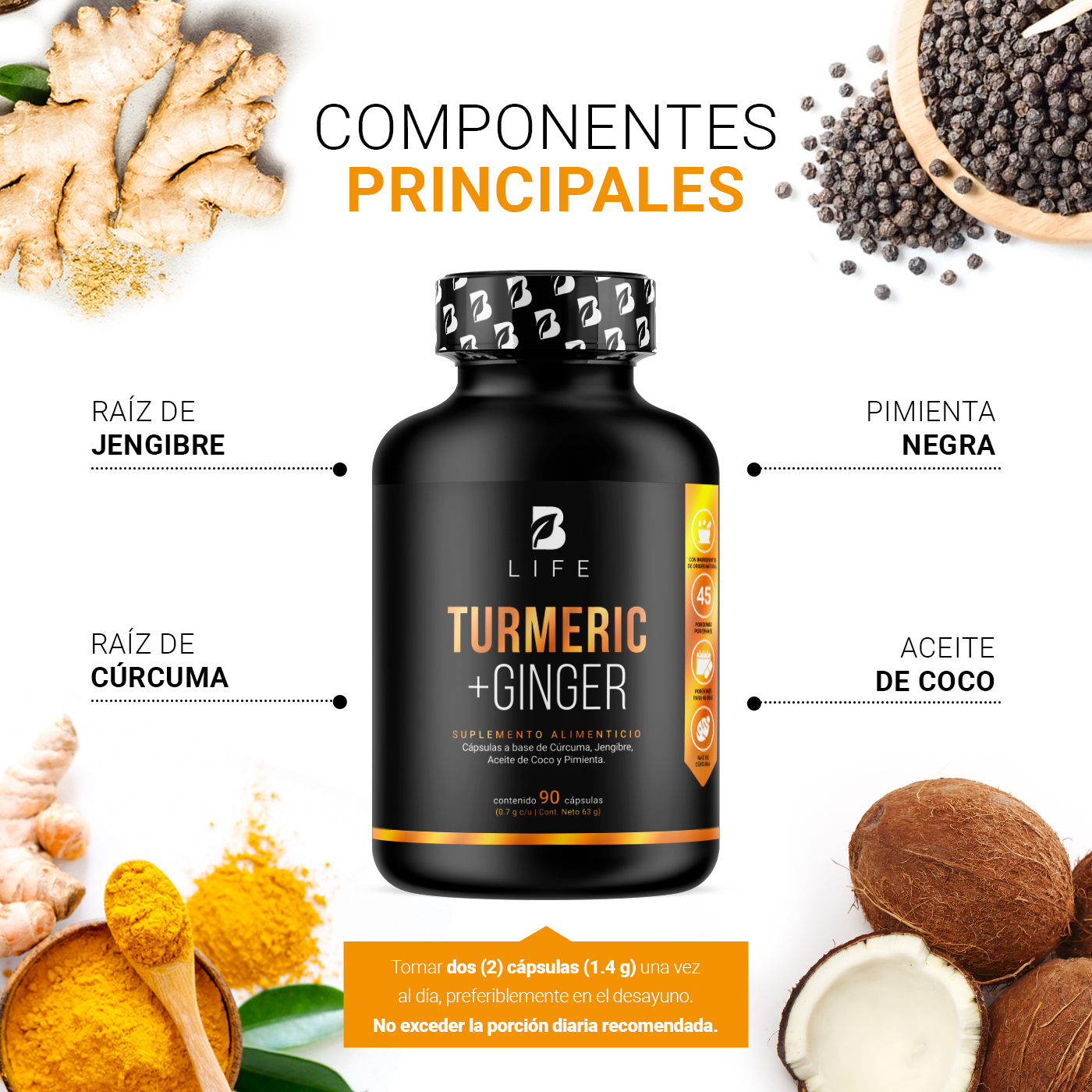 Foto 4 pulgar | Turmeric + Ginger B Life 90 Cápsulas