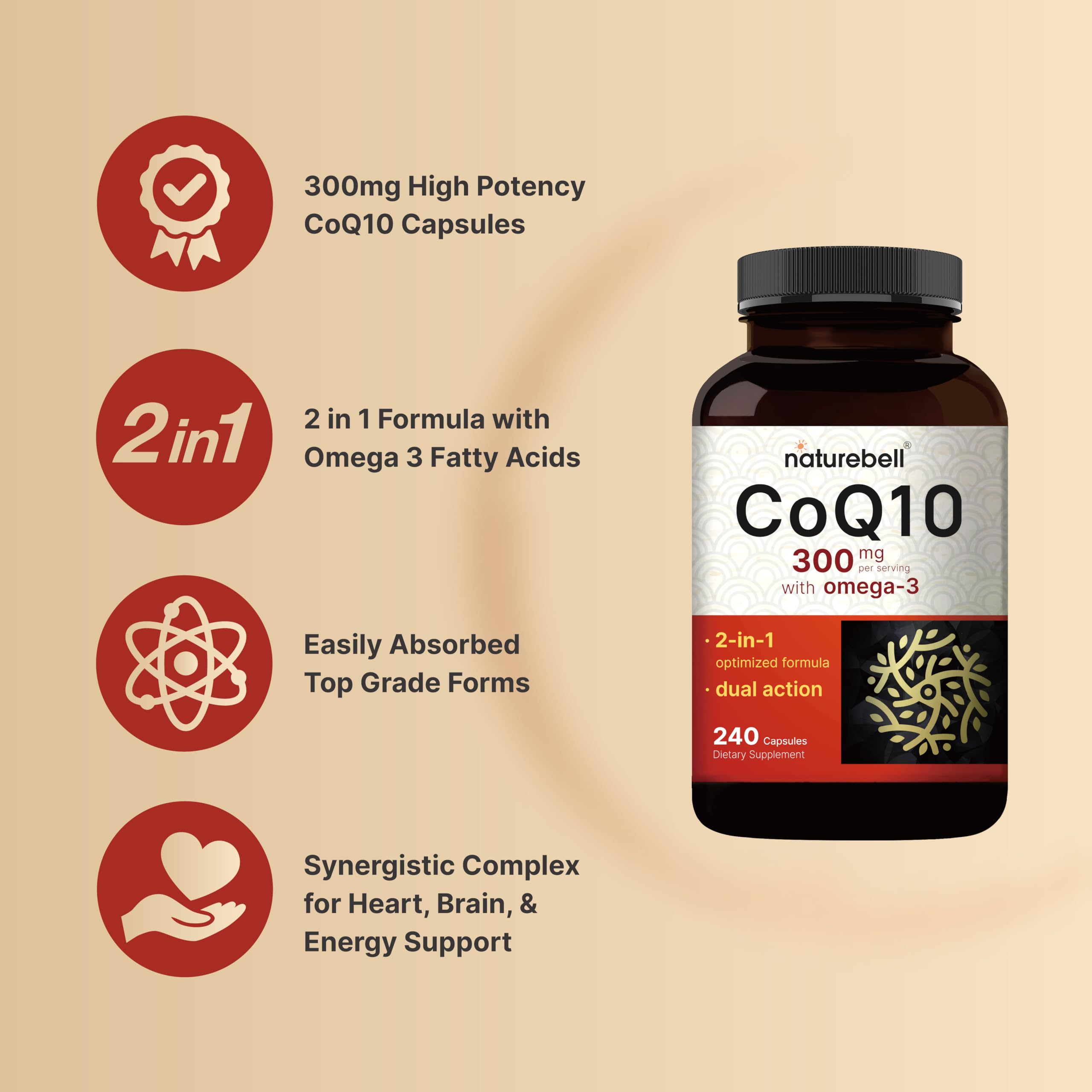 Foto 4 pulgar | Suplemento Naturebell Coq10 Ubiquinona 300 mg con Omega-3 - Venta Internacional