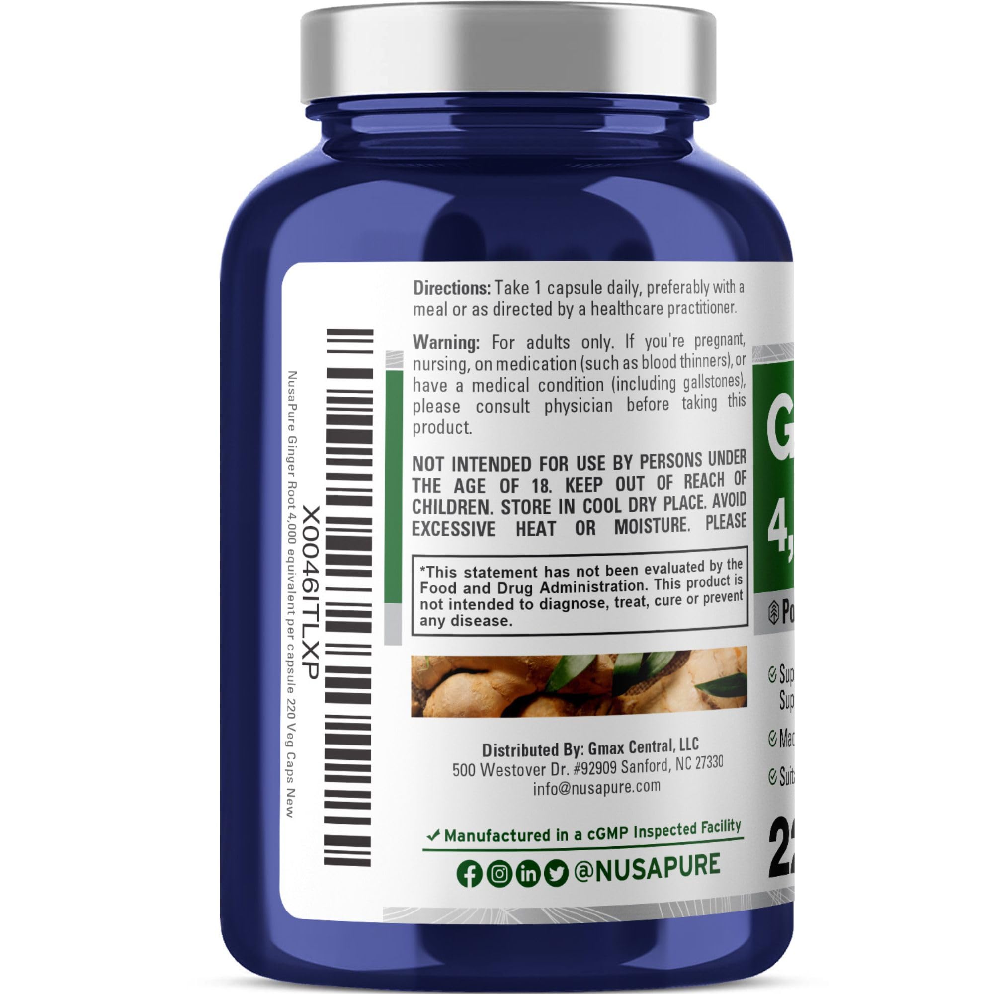 Foto 4 pulgar | Suplemento Nusapure Cápsulas de Raíz de Jengibre 4000 mg 220 Unidades - Venta Internacional