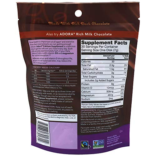 Foto 3 pulgar | Suplemento de Calcio Adora Dark Chocolate 30 Discos - 500 mg - Venta Internacional
