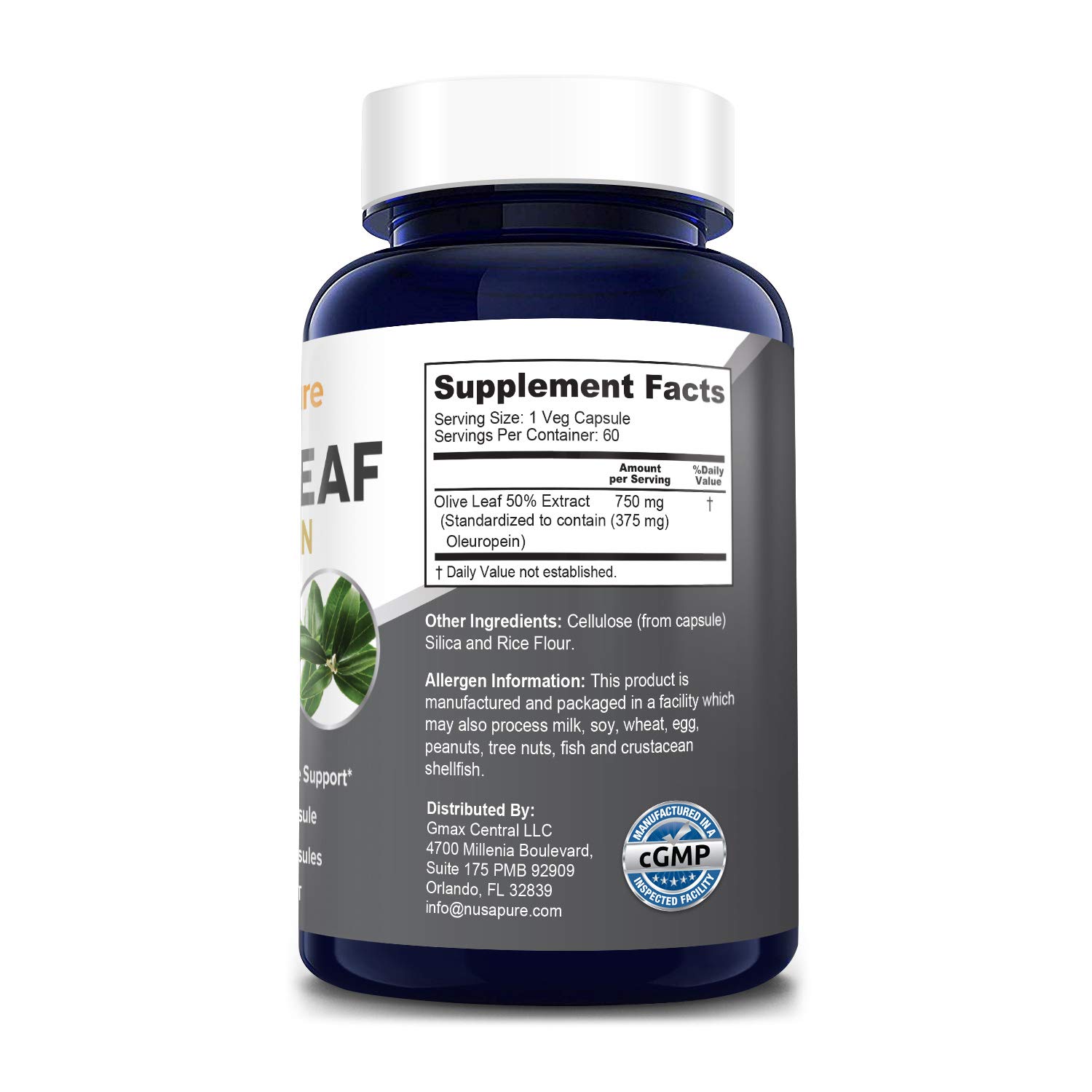 Foto 3 pulgar | Suplemento de Extracto de Hoja de Olivo Nusapure 750mg - 60 cápsulas veganas