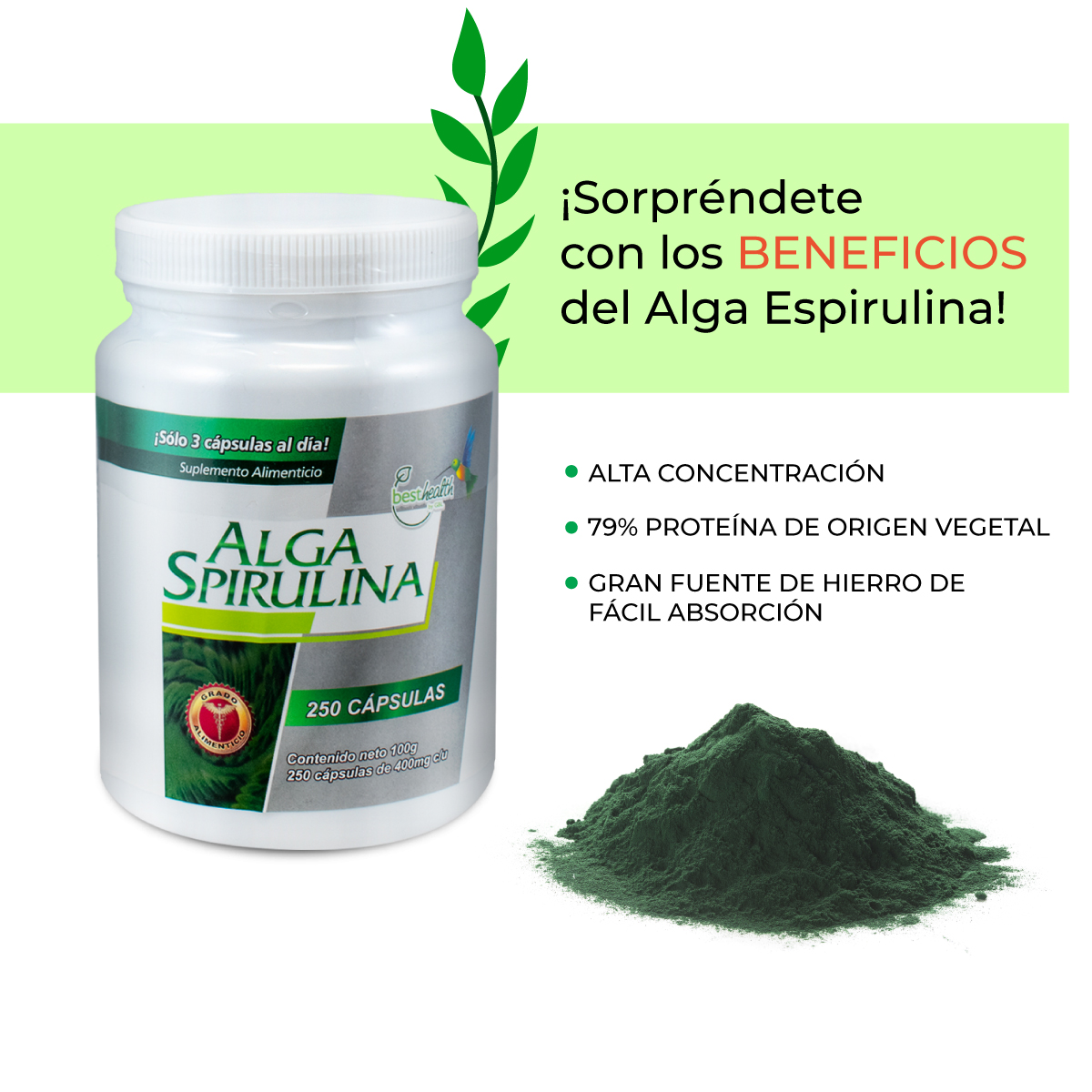 Foto 3 pulgar | Alga Spirulina Best Health 100 Cápsulas Certificada Pura Rica en Vitaminas Minerales y Proteínas