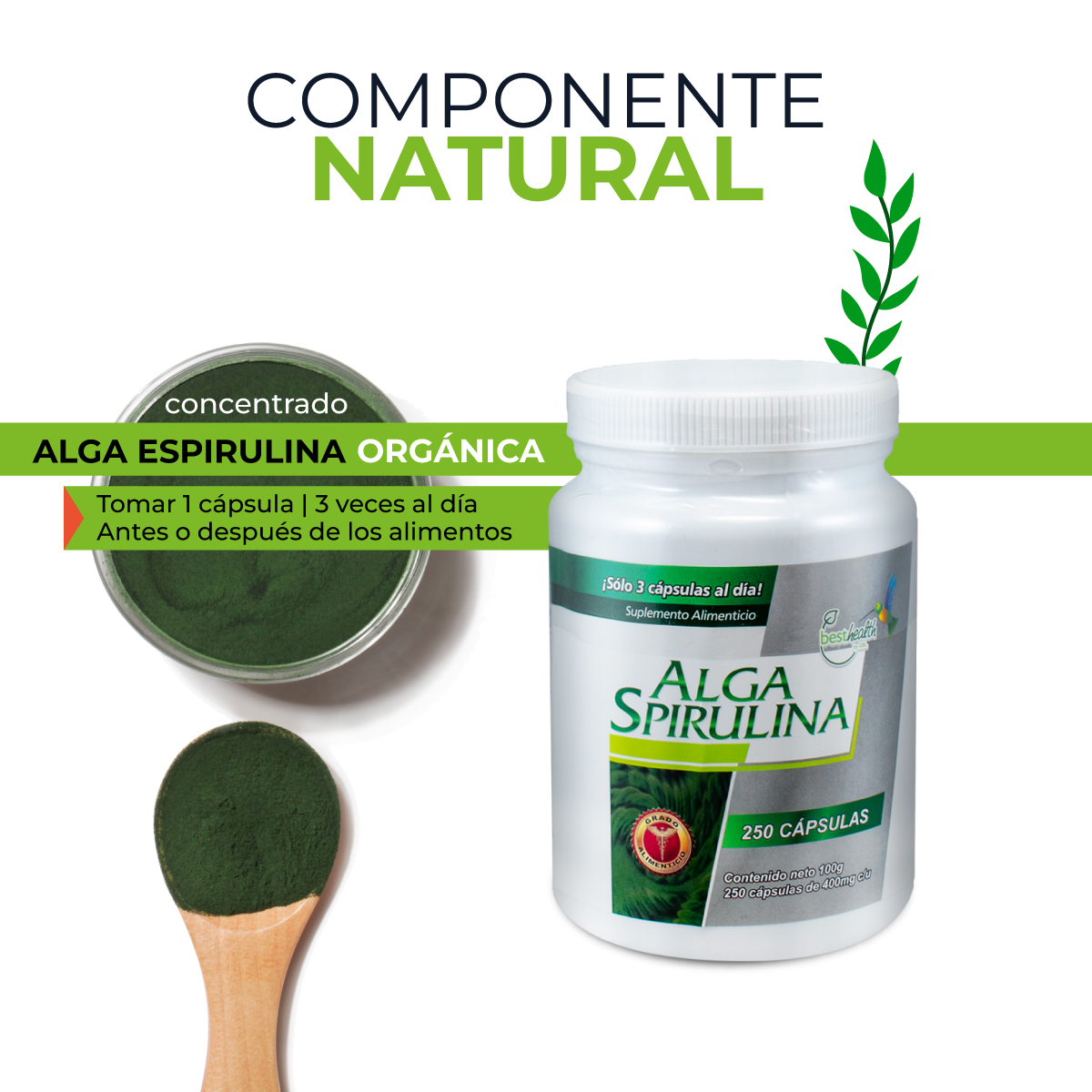 Foto 4 pulgar | Alga Spirulina Best Health 100 Cápsulas Certificada Pura Rica en Vitaminas Minerales y Proteínas