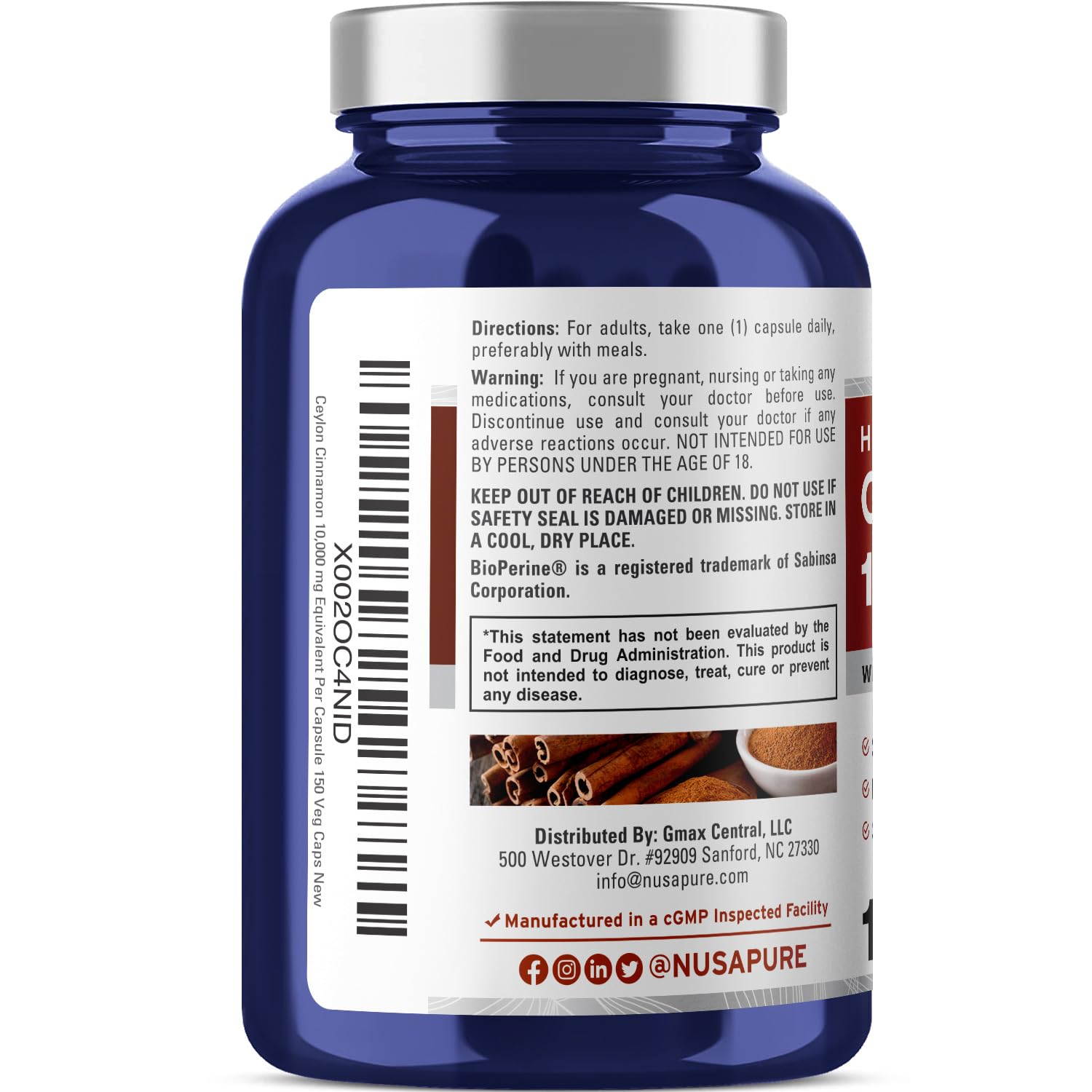 Foto 4 pulgar | Suplemento Nusapure de Canela de Ceilán 10,000 mg 150 Cápsulas - Venta Internacional