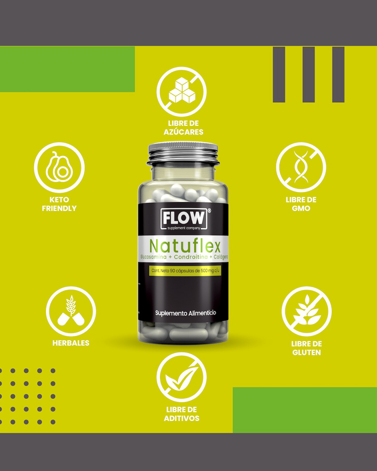 Foto 6 pulgar | Flow Vitaminas Minerales y Suplementos Natuflex con Glucosamina Condroitina y Colágeno 90 Cápsulas 500 Mg c/u