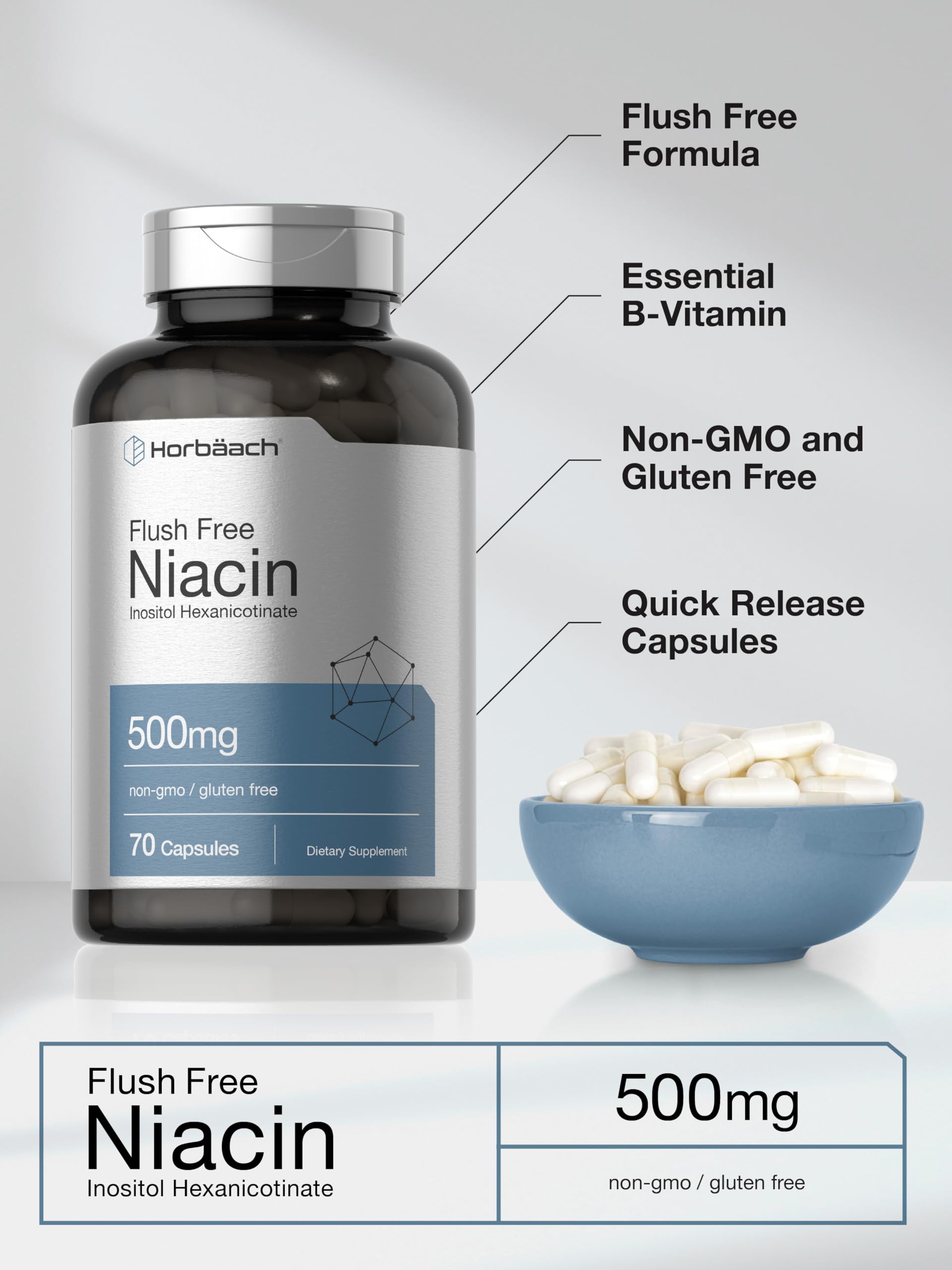 Foto 5 pulgar | Suplemento Horbaach de Niacina 500 mg 70 Cápsulas - Venta Internacional