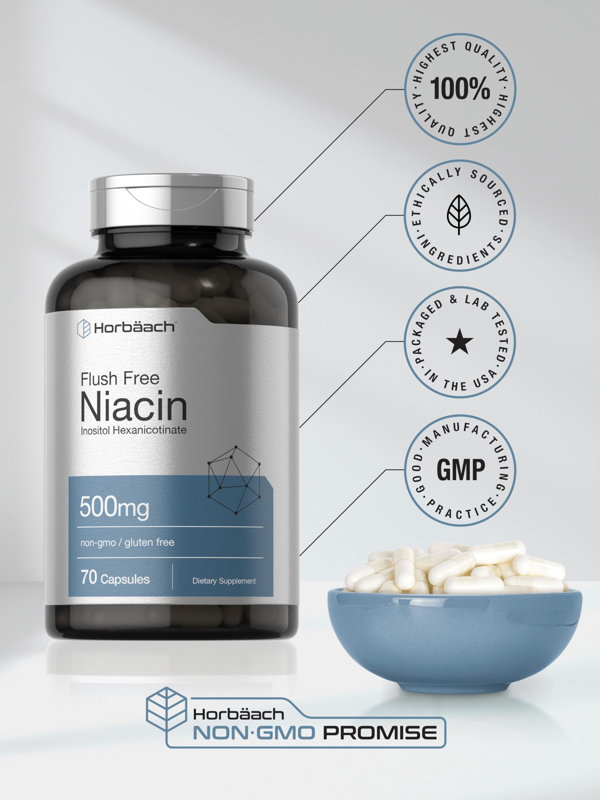 Foto 7 pulgar | Suplemento Horbaach de Niacina 500 mg 70 Cápsulas - Venta Internacional
