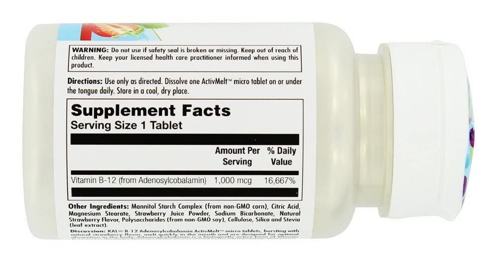 Foto 2 | Suplemento Kal B-12 de Adenosilcobalamina 1000 Mcg 90 Microcomprimidos - Venta Internacional