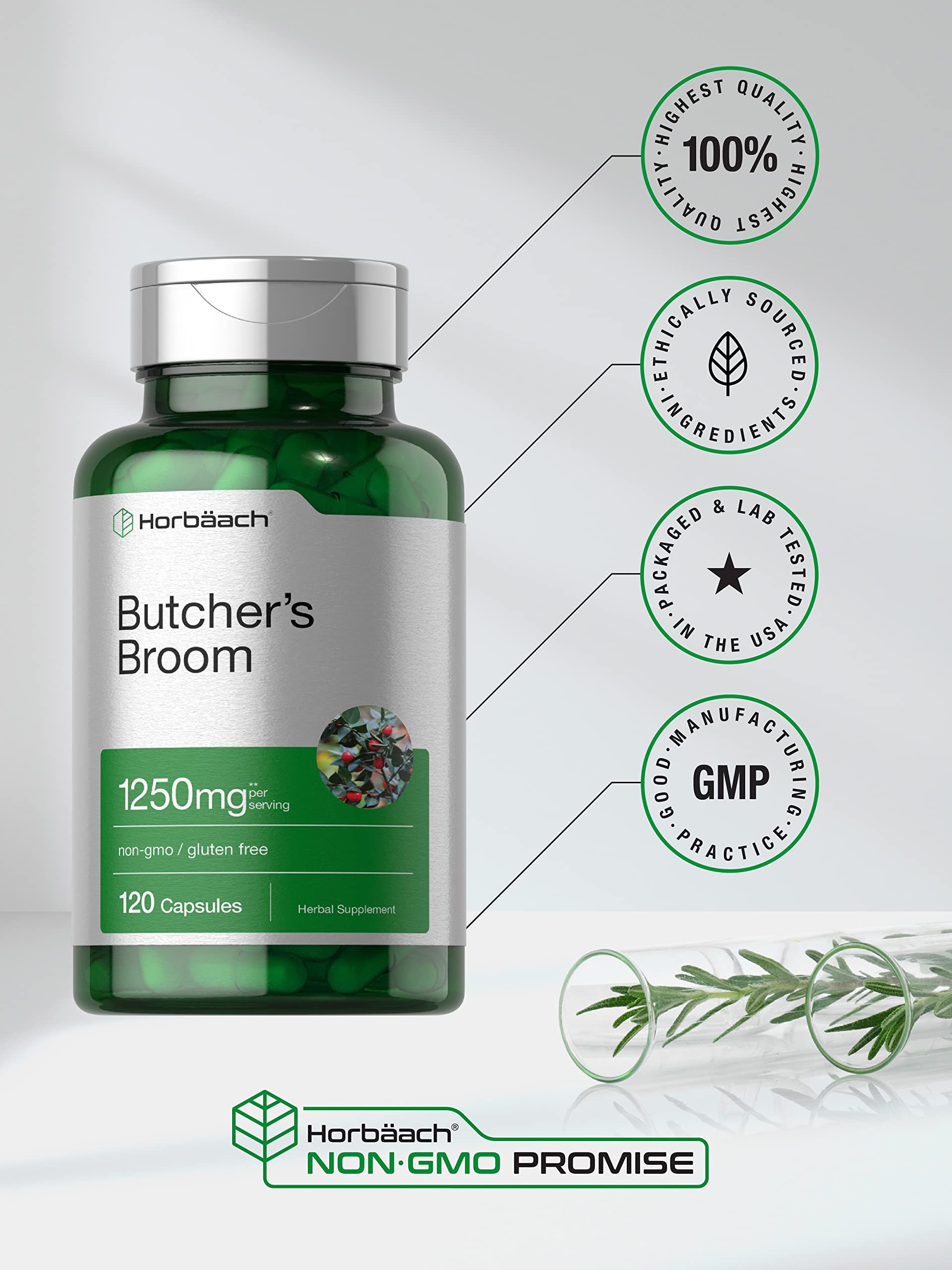 Foto 6 pulgar | Suplemento Horbaach Butcher's Broom Cápsulas de 1250 Mg 120 Unidades - Venta Internacional