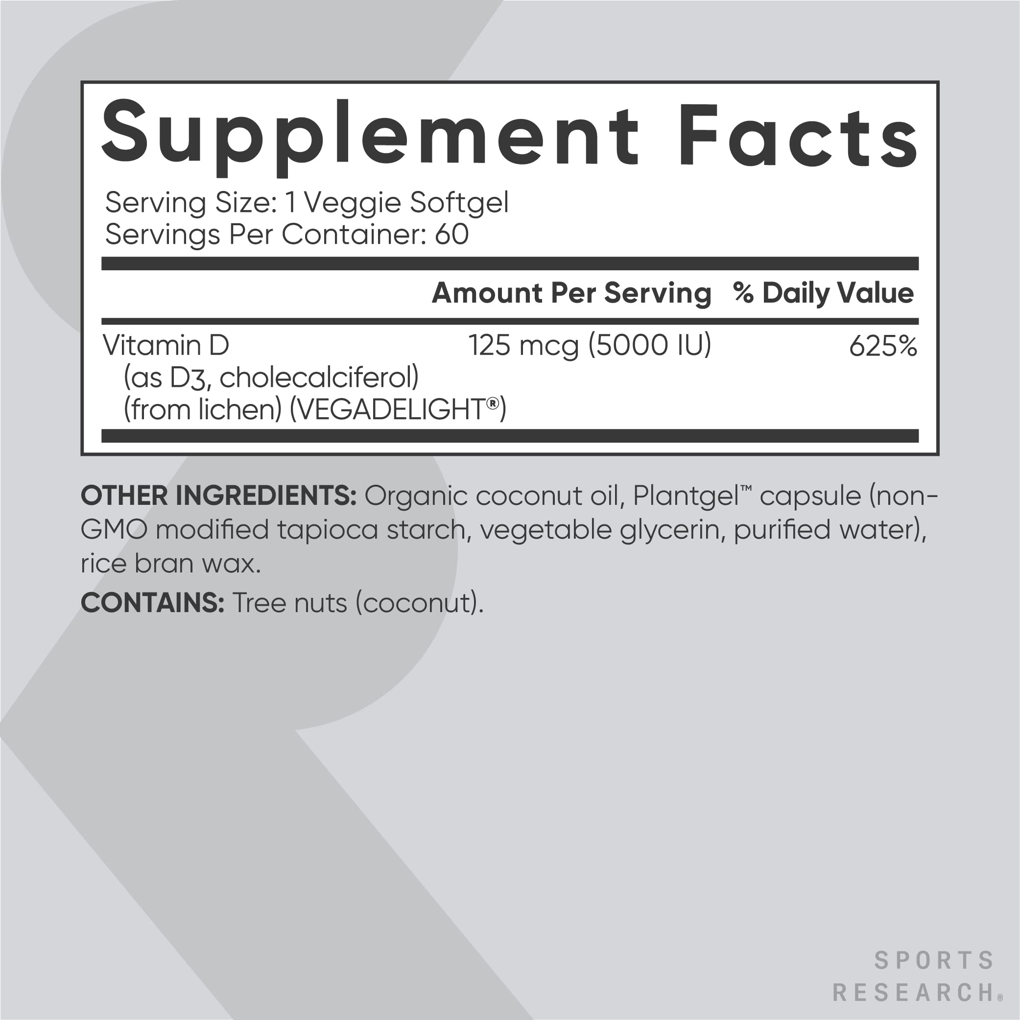 Foto 6 pulgar | Vitamina D3 Sports Research Vegana 5000 Iu 60 Cápsulas Blandas - Venta Internacional