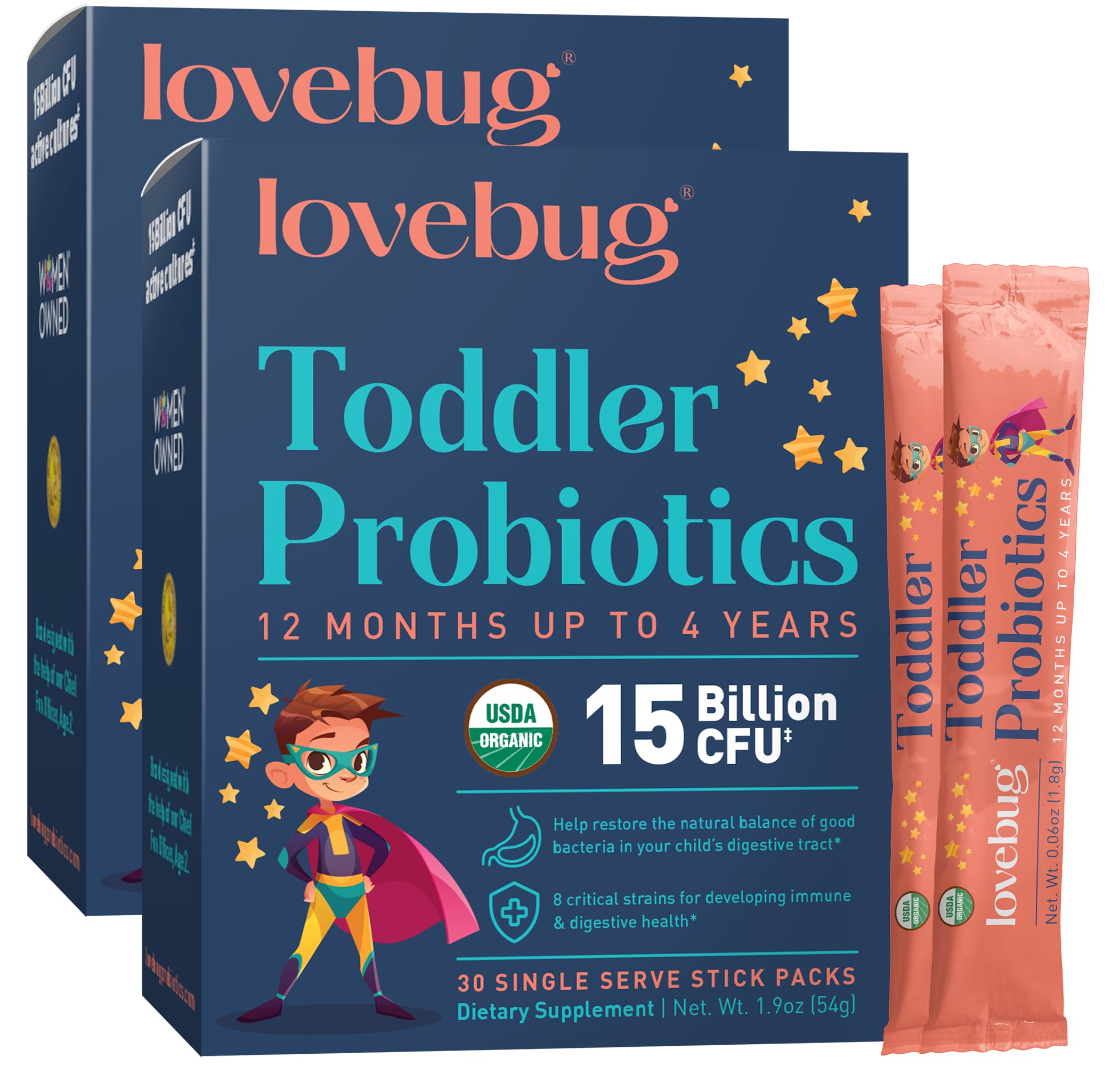 Probióticos Lovebug para Niños de 12 Meses a 4 Años - 2 Cajas con 30 Piezas C/U - Venta Internacional