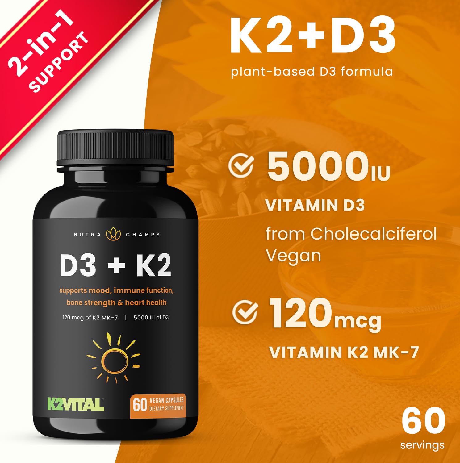 Foto 6 pulgar | Suplemento Nutrachamps D3 con K2 Mk7 5000 Ui 100 Mcg - Venta Internacional