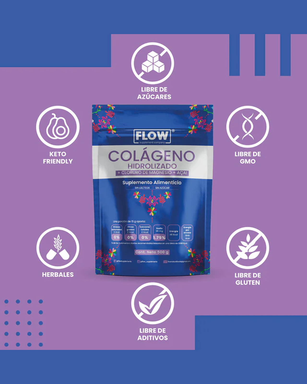 Foto 4 pulgar | Flow Vitaminas Minerales y Suplementoscolágeno Hidrolizado Açaí y Cloruro de Magnesio de 500 g