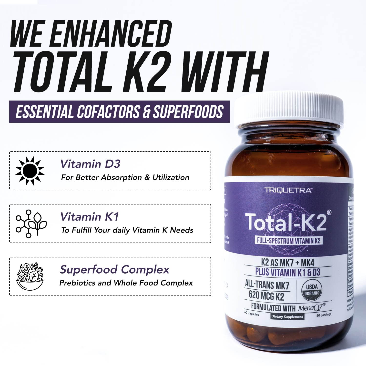 Foto 5 pulgar | Suplemento Triquetra Health Total K2 620 Mcg 60 Cápsulas - Venta Internacional.