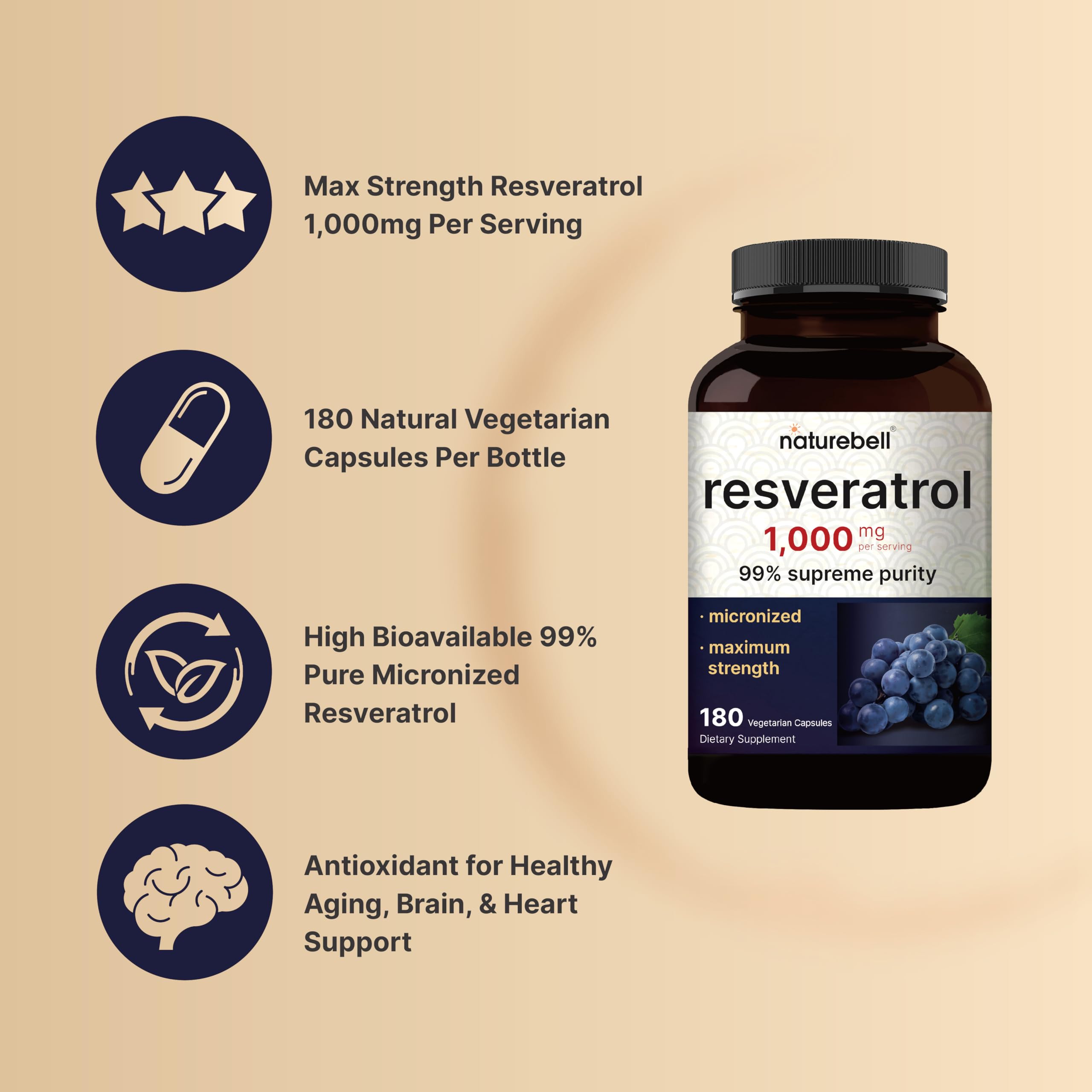 Foto 4 pulgar | Suplemento Naturebell Resveratrol 1000 mg 180 Cápsulas - Venta Internacional