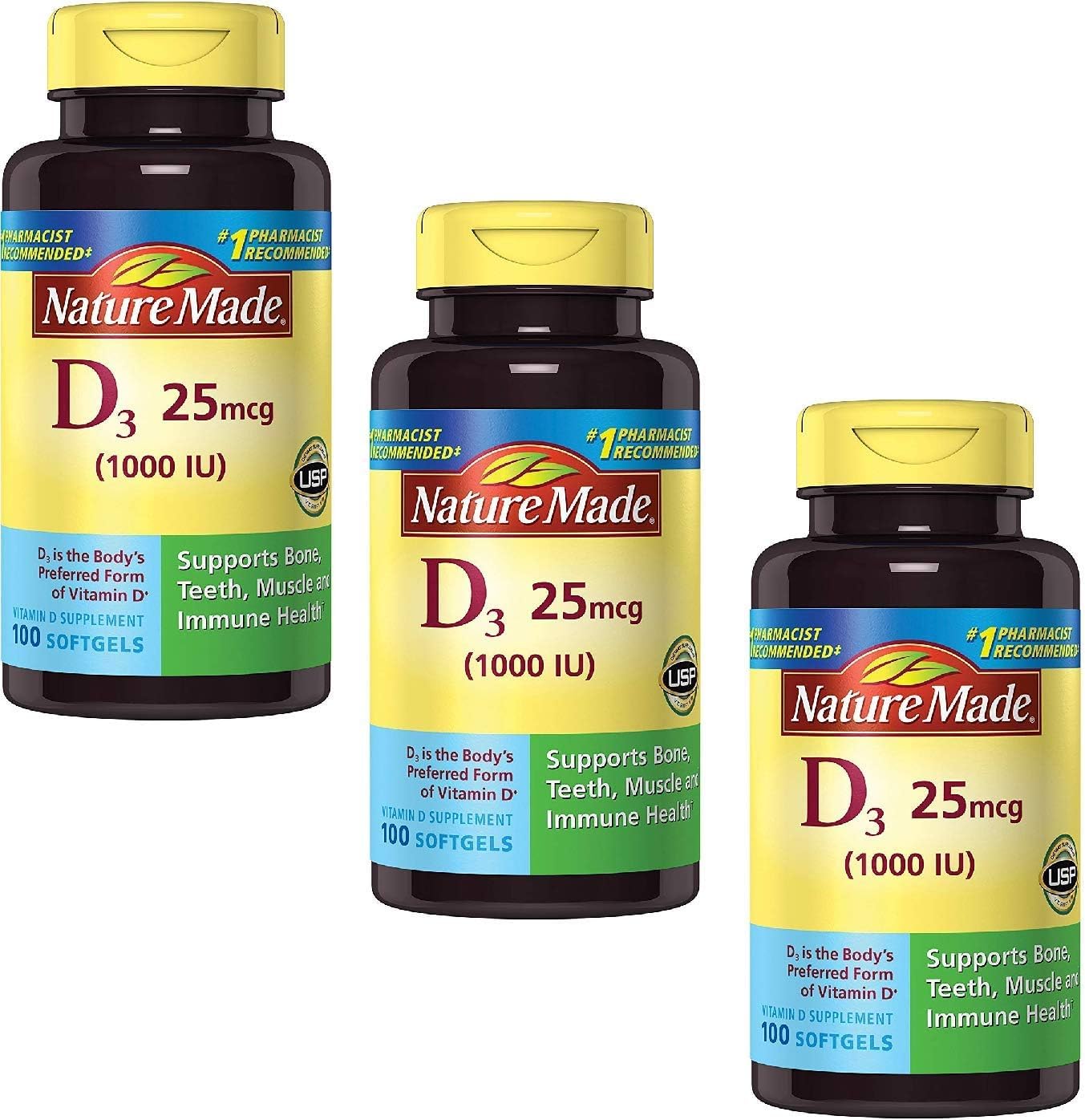 Foto 2 pulgar | Vitamina D-3 Nature Made 1000 Ui 100 Comprimidos Paquete de 3 - Venta Internacional