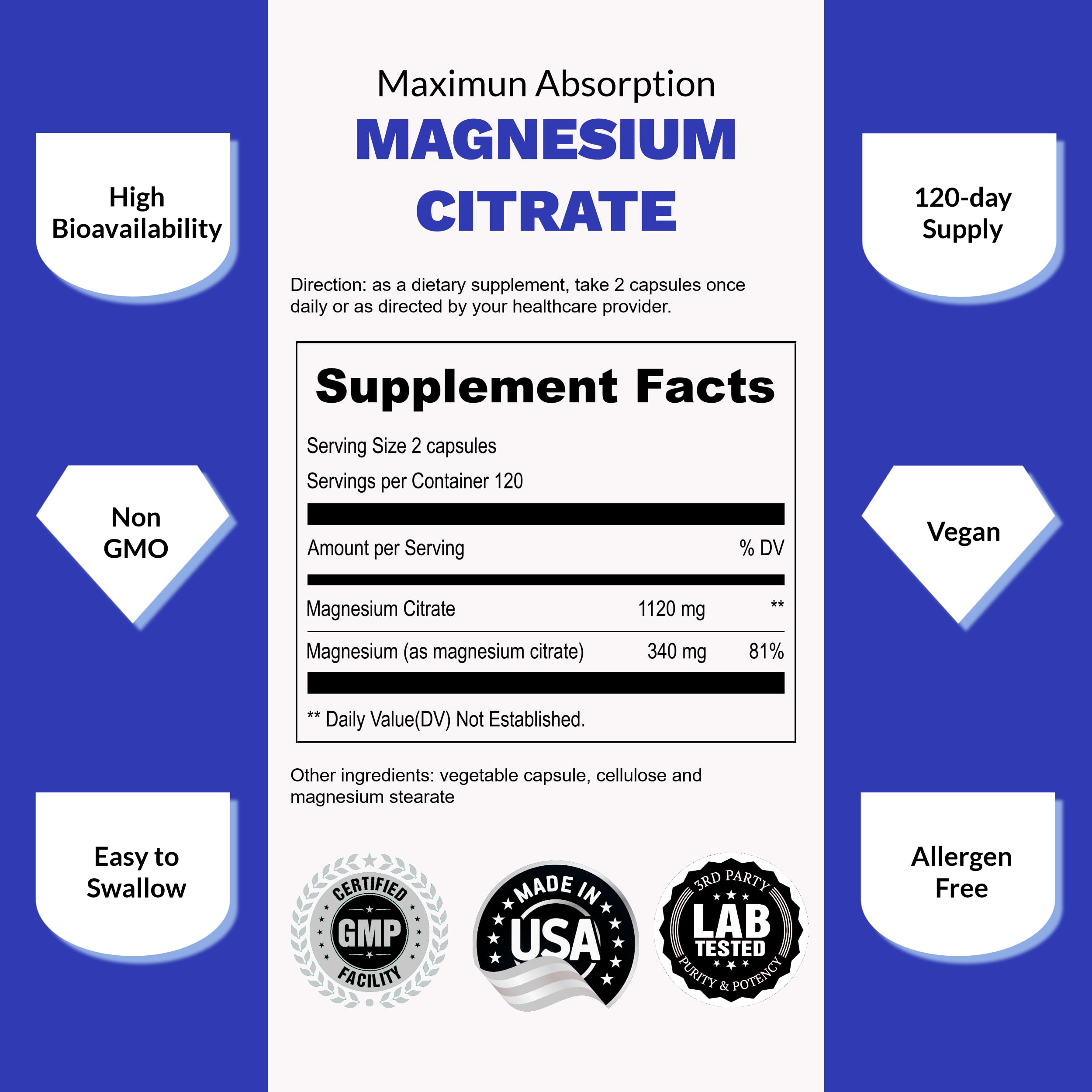 Foto 2 | Suplemento Upnourish Citrato De Magnesio 240 Cápsulas-Venta Internacional