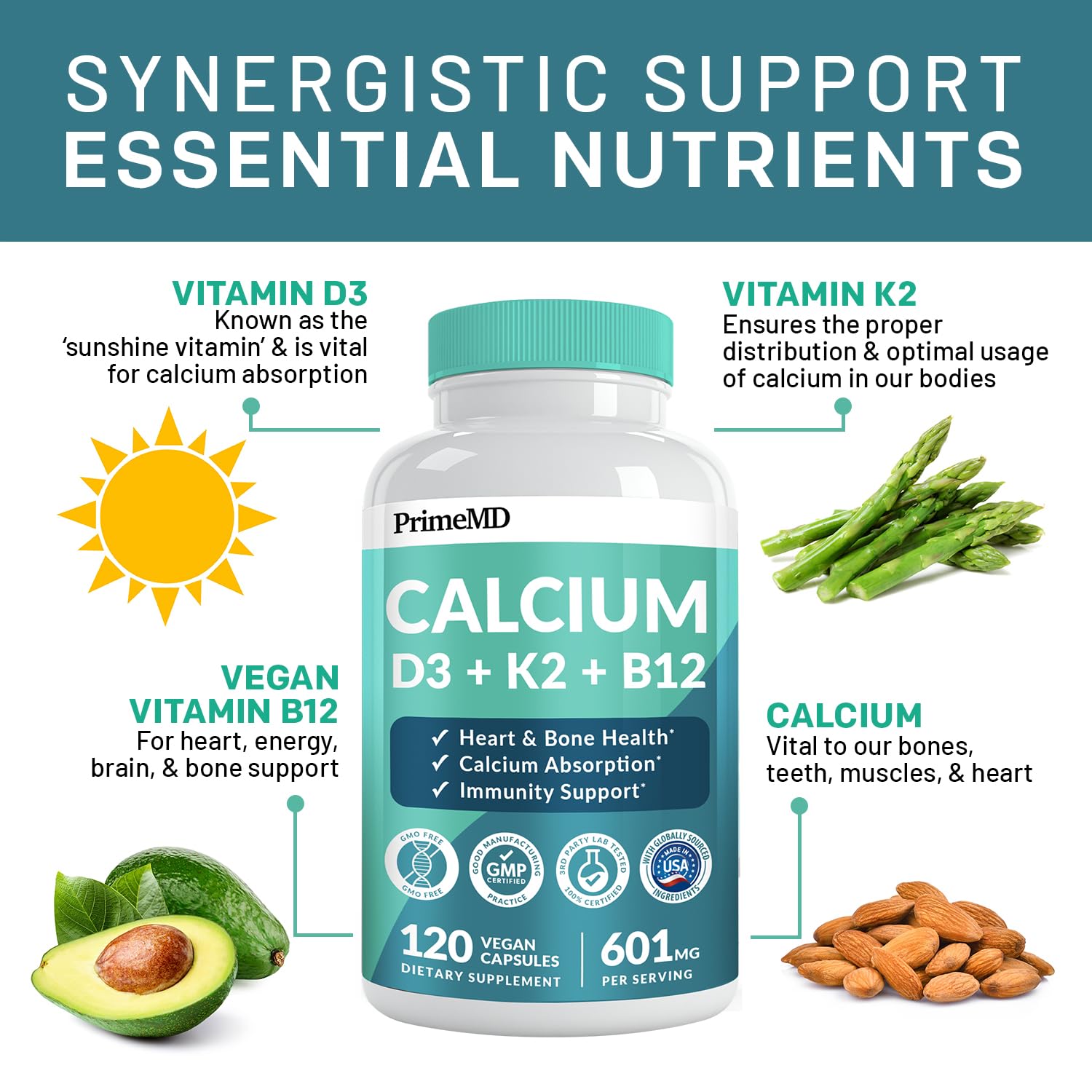 Foto 4 pulgar | Suplemento Primemd Calcium 600 Mg con Vitamina D3 K2 B12 5000 Ui - Venta Internacional