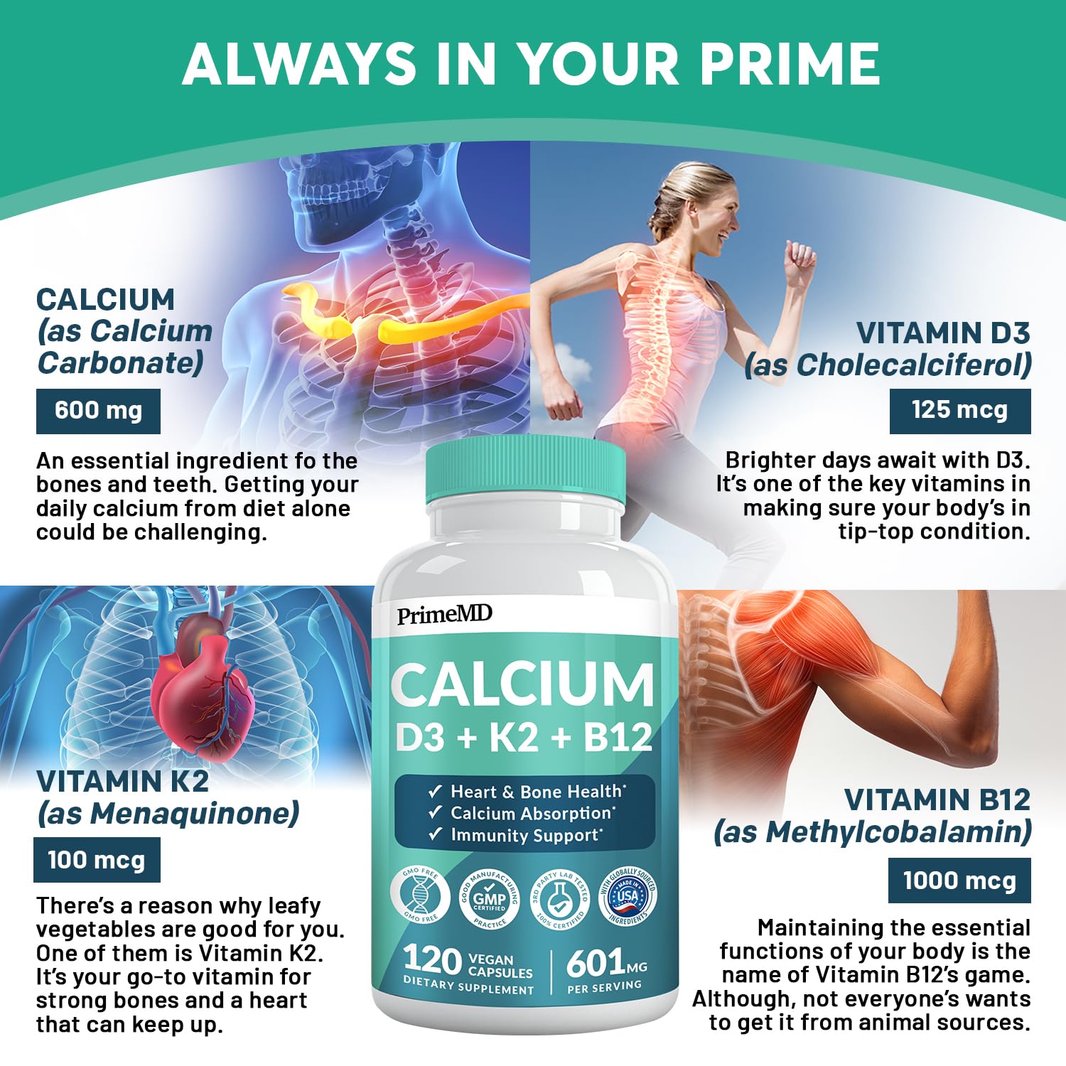 Foto 7 pulgar | Suplemento Primemd Calcium 600 Mg con Vitamina D3 K2 B12 5000 Ui - Venta Internacional