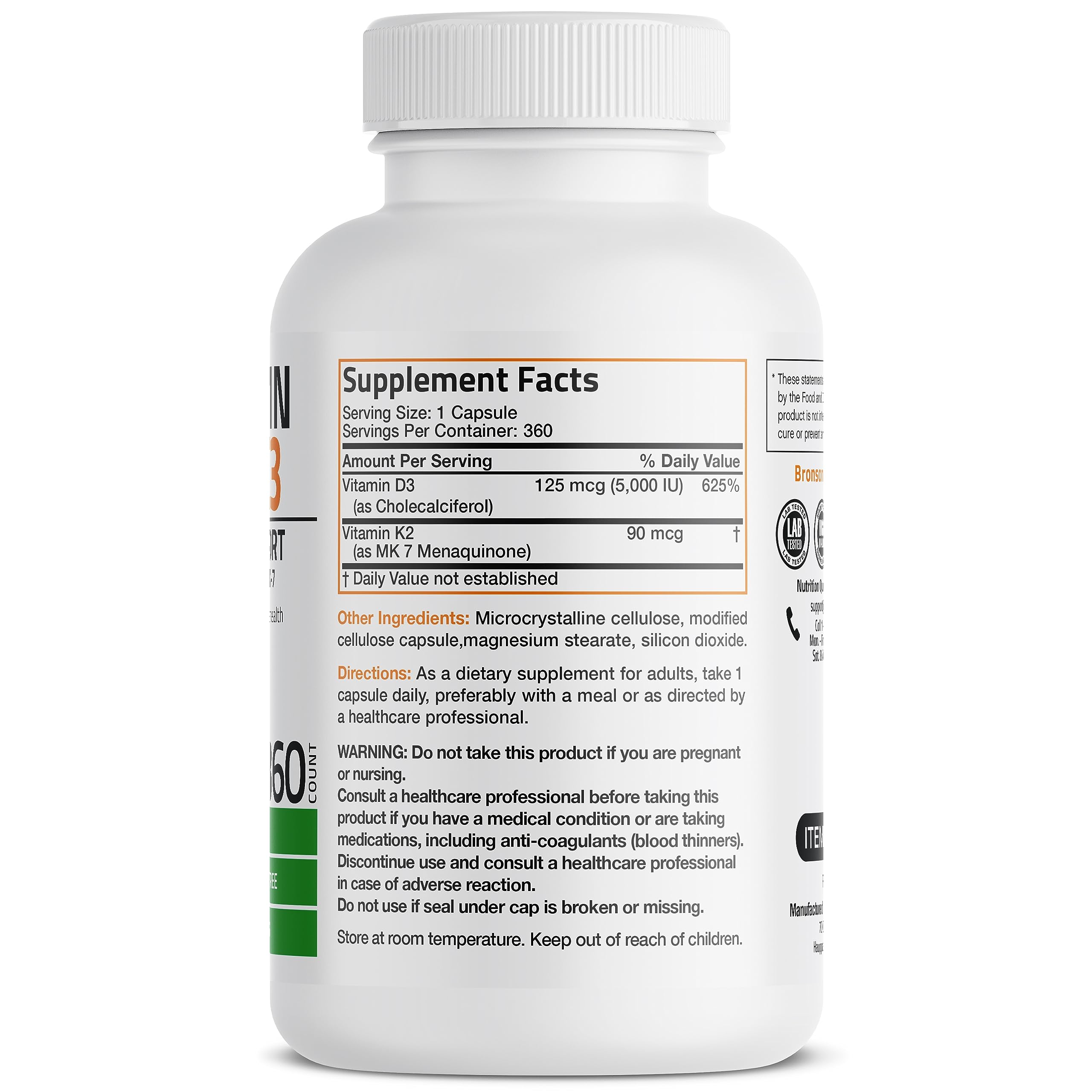 Foto 3 pulgar | Vitamina K2 y D3 Bronson 5000 Ui 360 Cápsulas - Venta Internacional