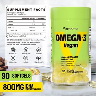 Foto 7 | Suplementos Vegepower Vegan Omega-3 Algas Dha 2000 mg 90 Cápsulas Blandas - Venta Internacional
