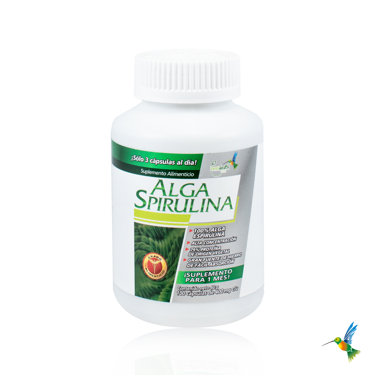 Alga Spirulina Best Health 100 Cápsulas Certificada Pura Rica en Vitaminas Minerales y Proteínas