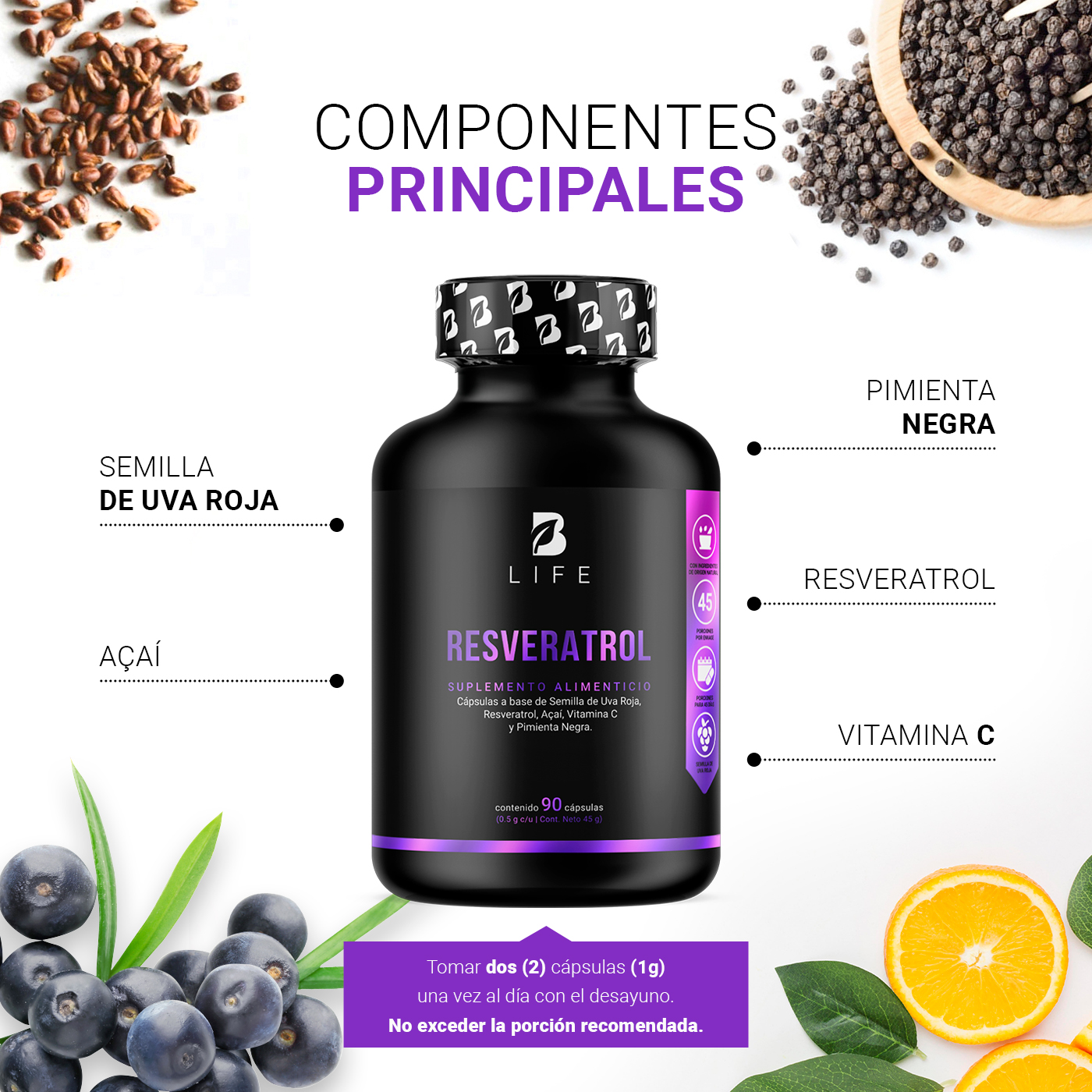 Foto 4 pulgar | Resveratrol B Life 90 Cápsulas
