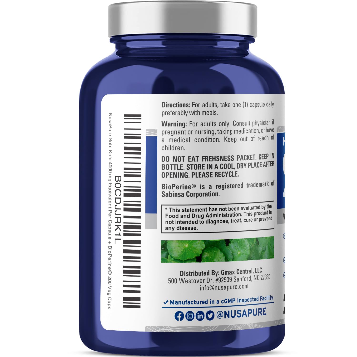 Foto 4 pulgar | Suplemento Nusapure Gotu Kola Cápsulas de 4000 mg 200 Unidades - Venta Internacional