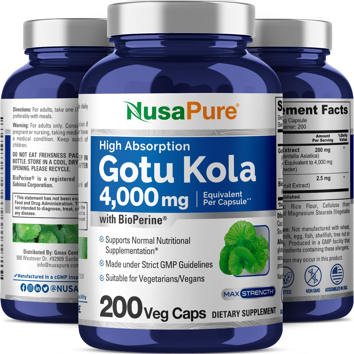 Foto 5 pulgar | Suplemento Nusapure Gotu Kola Cápsulas de 4000 mg 200 Unidades - Venta Internacional