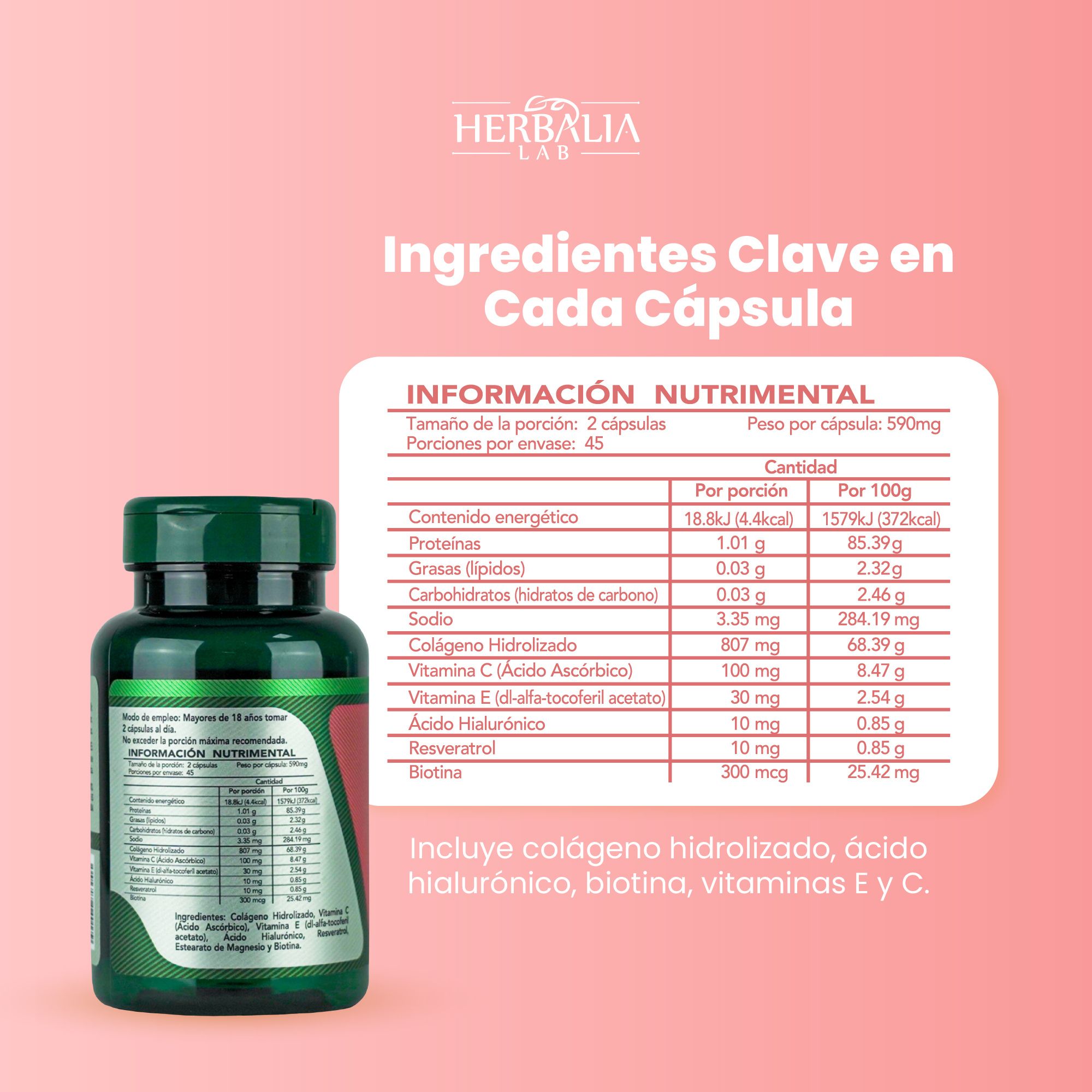 Foto 5 pulgar | Colágeno Hidrolizado Y Ácido Hialurónico Con Biotina Herbalia Lab Resveratrol Vitamina E Y Vitamina C