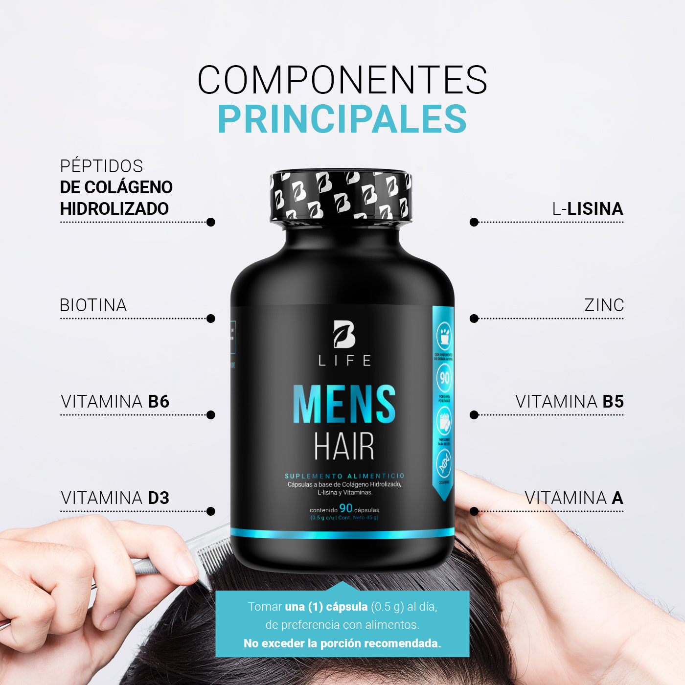 Foto 4 pulgar | Cápsulas con Colágeno Mens Hair B Life L-lisina Zinc y Vitaminas Biotina A D3 B5 y B6