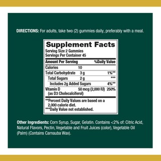 Foto 2 | Suplemento Vitamínico Nature's Bounty Vitamin D3 Gummies 2000 Ui - Venta Internacional