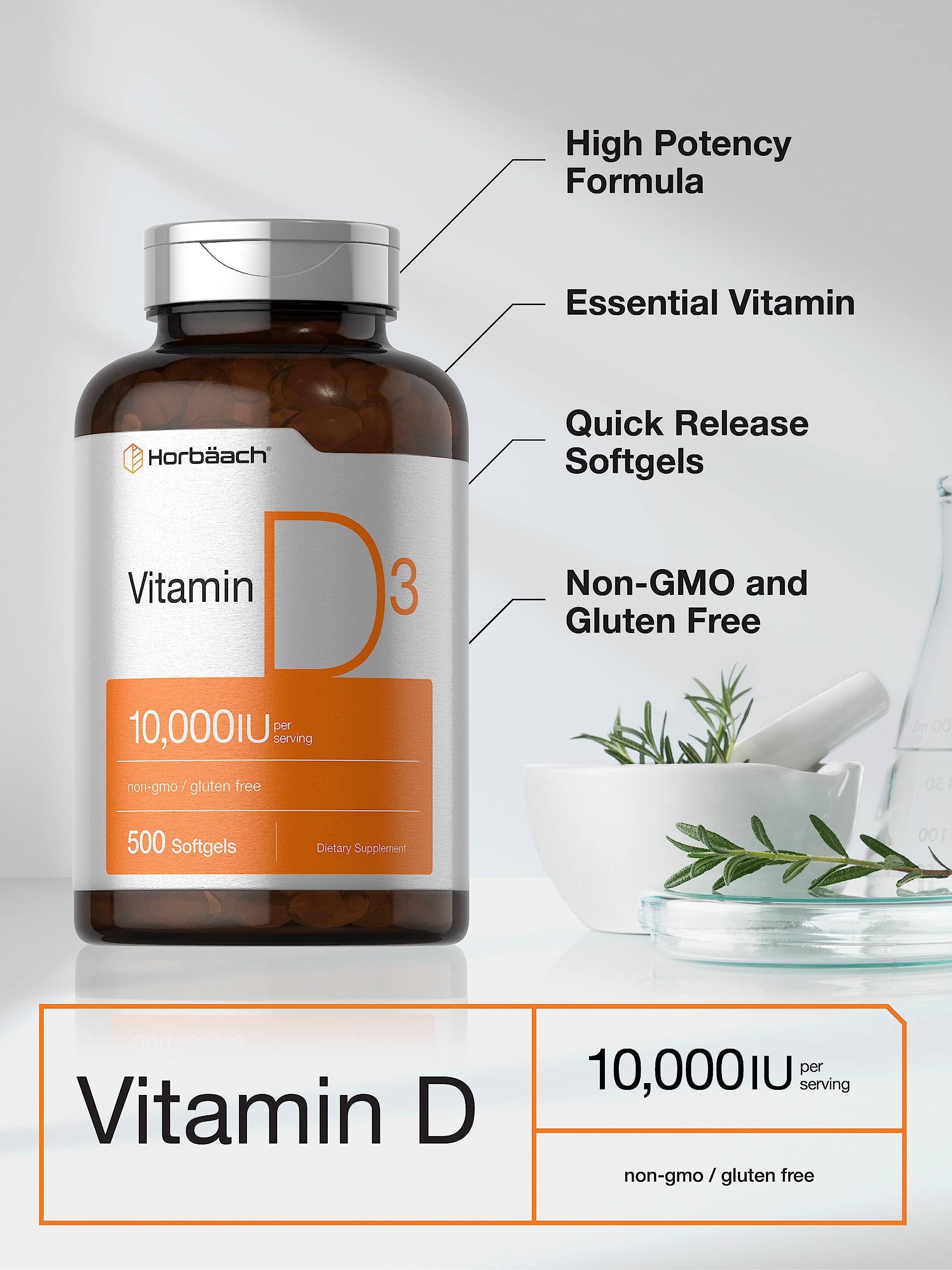 Foto 4 pulgar | Suplemento Horbäach De Vitamina D3 10000 Ui 500 Cápsulas Blandas - Venta Internacional