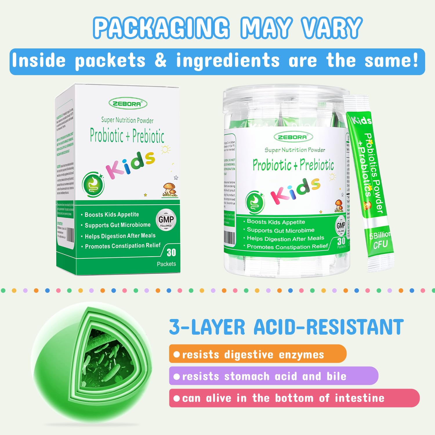 Foto 4 | Polvo Probiótico y Prebiótico Zebora para Niños 30 Paquetes - Venta Internacional