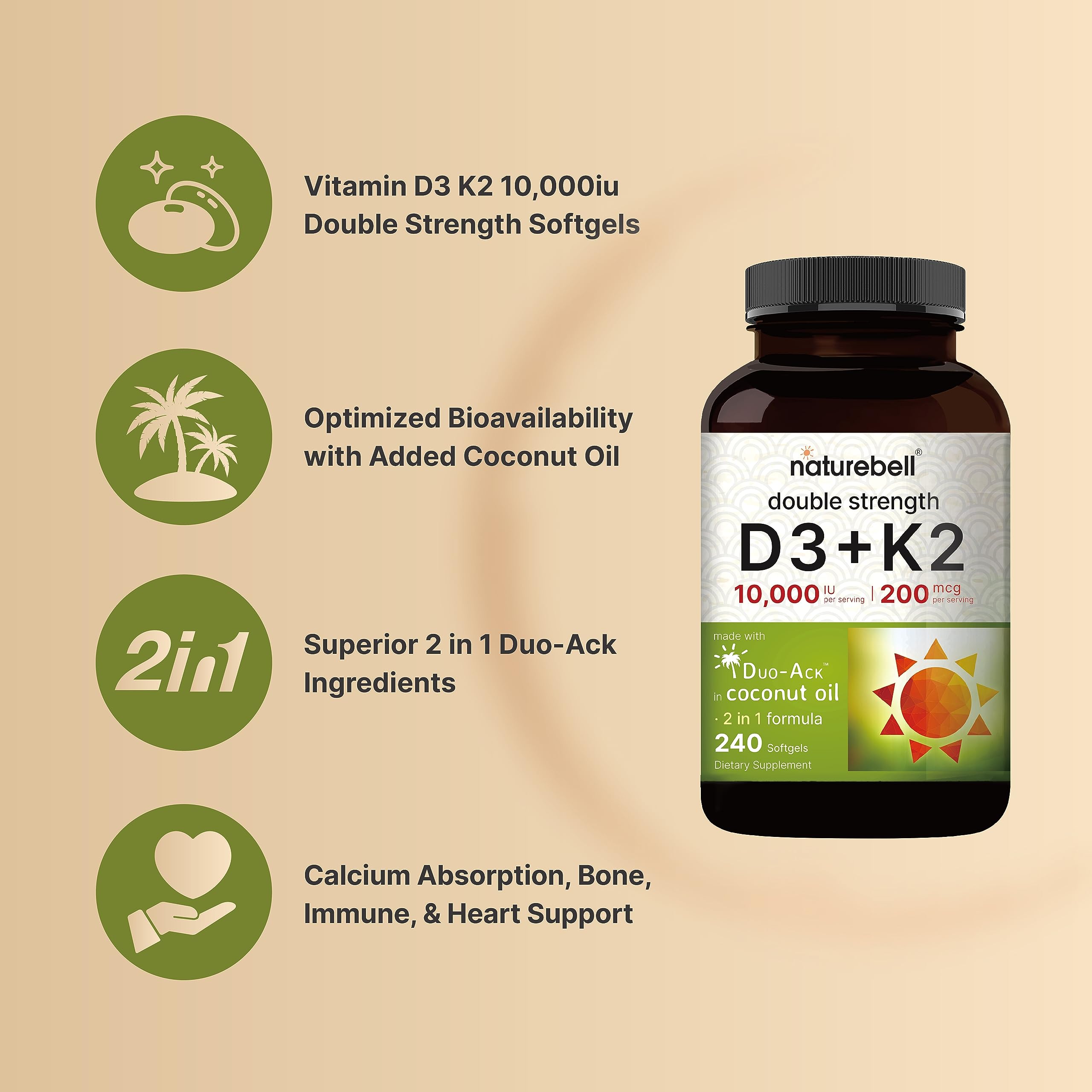 Foto 4 pulgar | Vitamina D3 y K2 Naturebell 10000 Iu 200 mcg - Venta Internacional
