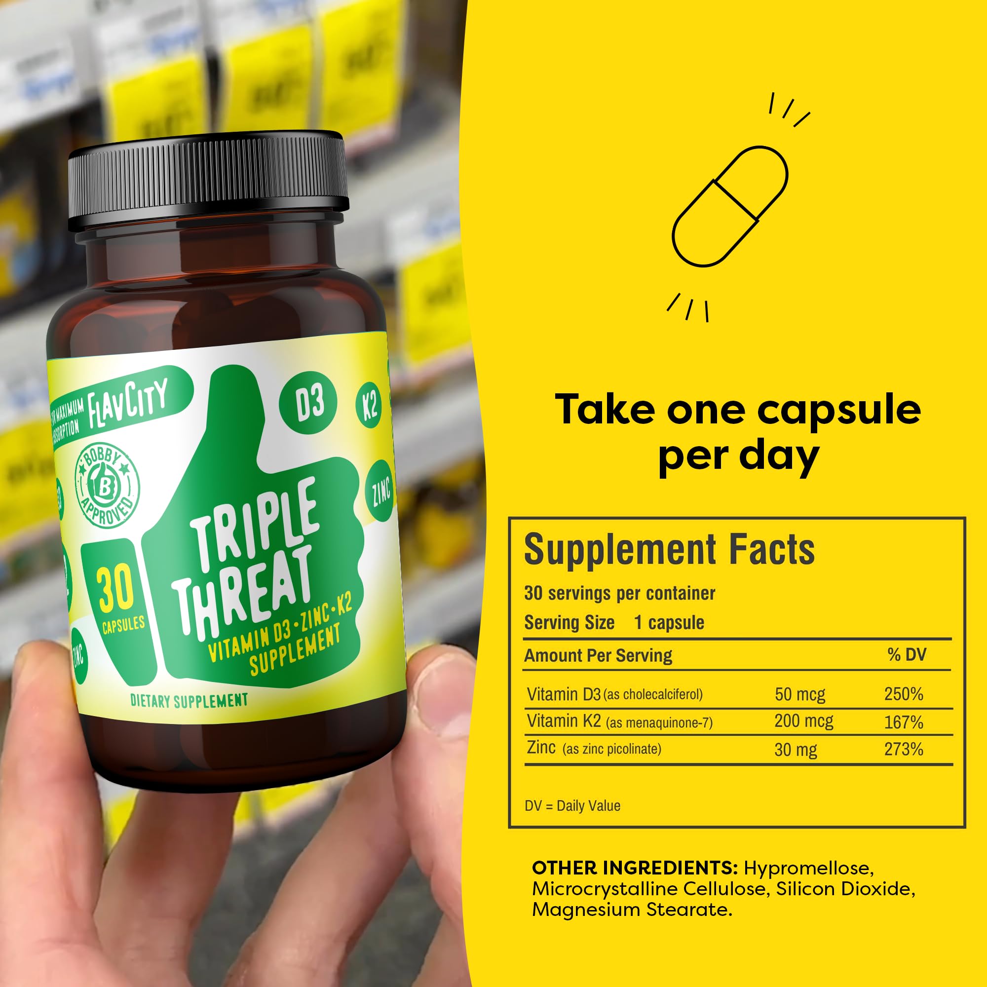 Foto 6 pulgar | Suplemento Flavcity Triple Threat Vitamina D3, Zinc y K2 30 Cápsulas - Venta Internacional