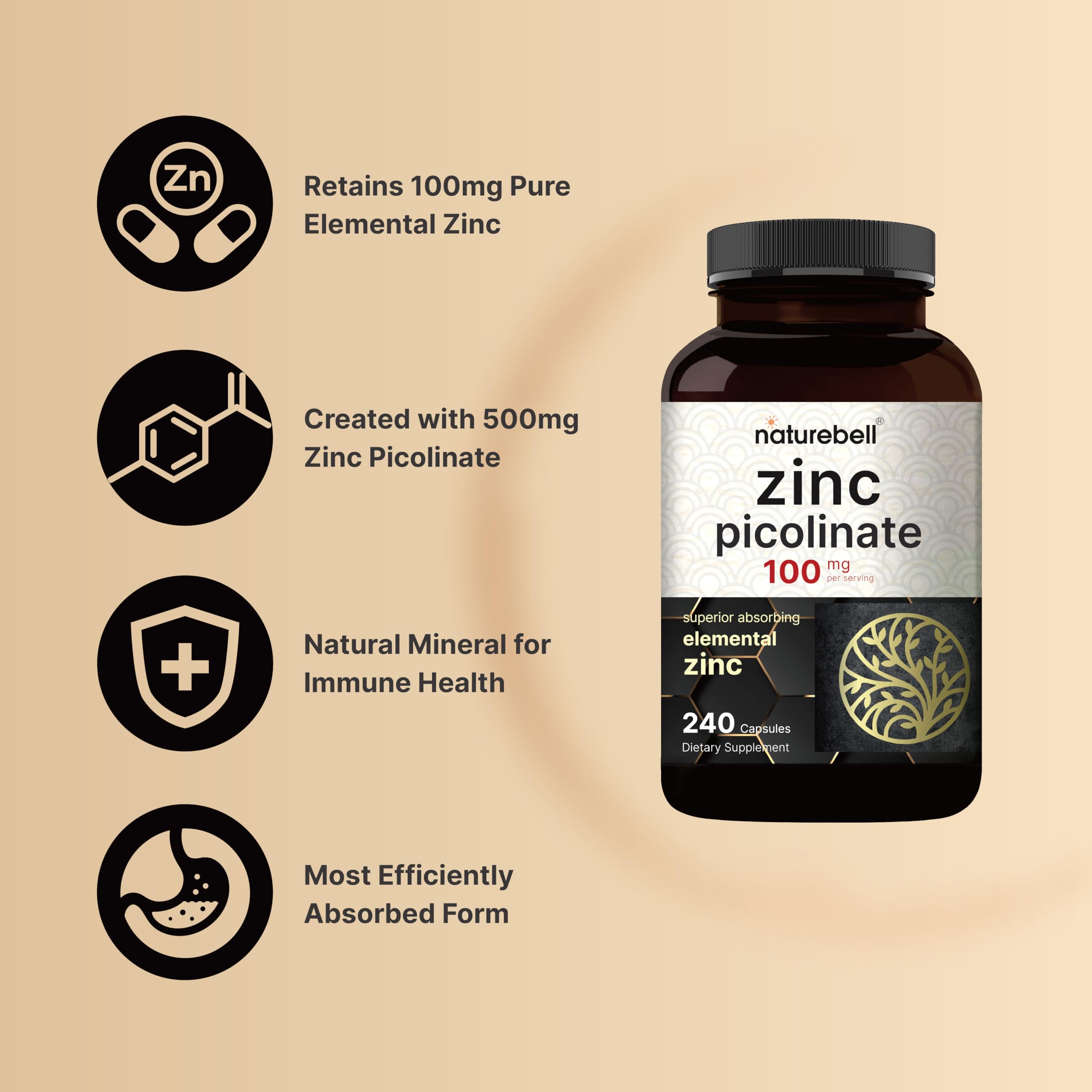 Foto 4 pulgar | Suplemento NatureBell Zinc Picolinate 240 Cápsulas-Venta Internacional