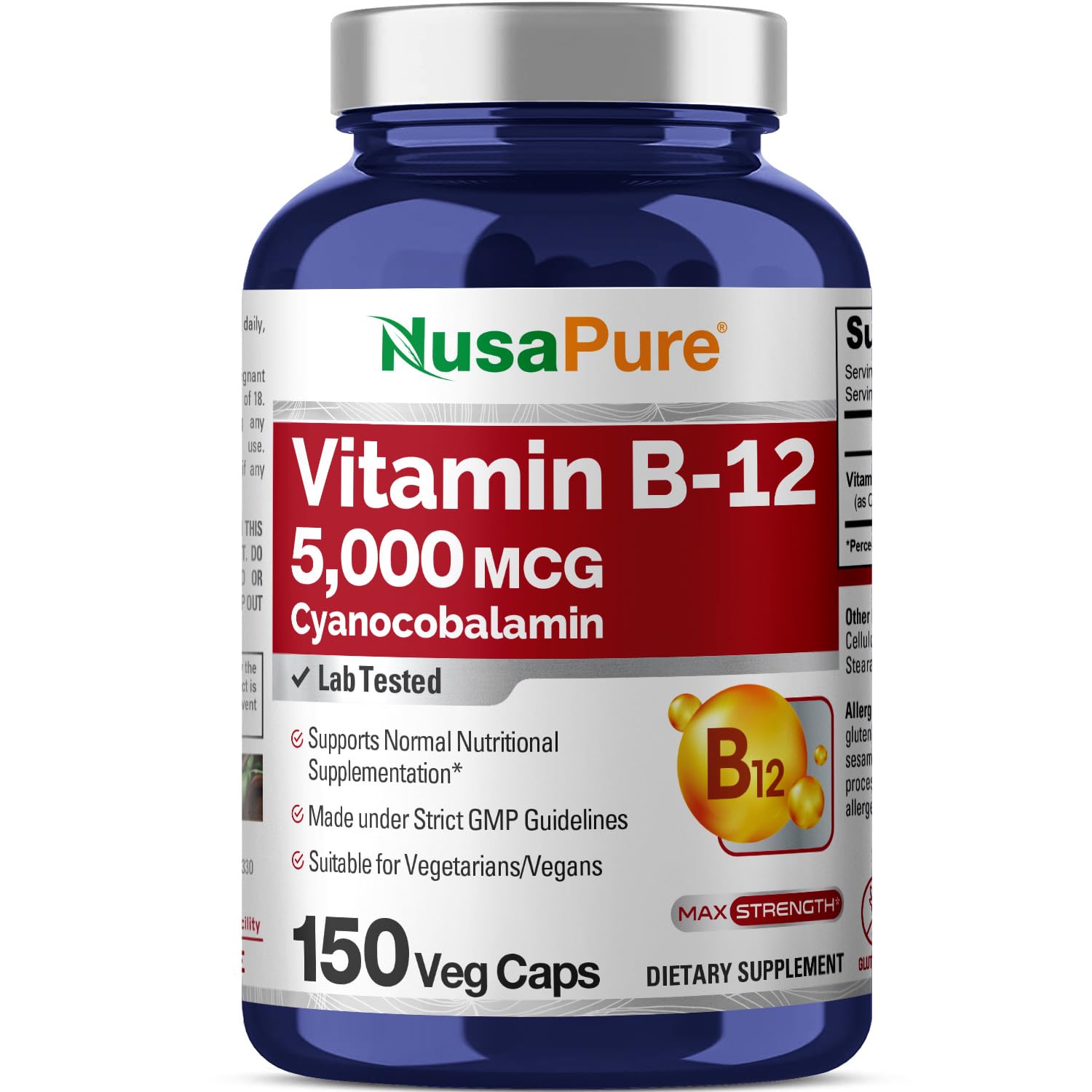Suplemento Nusapure Vitamina B12 5000 mcg 150 Cápsulas Vegetarianas - Venta Internacional
