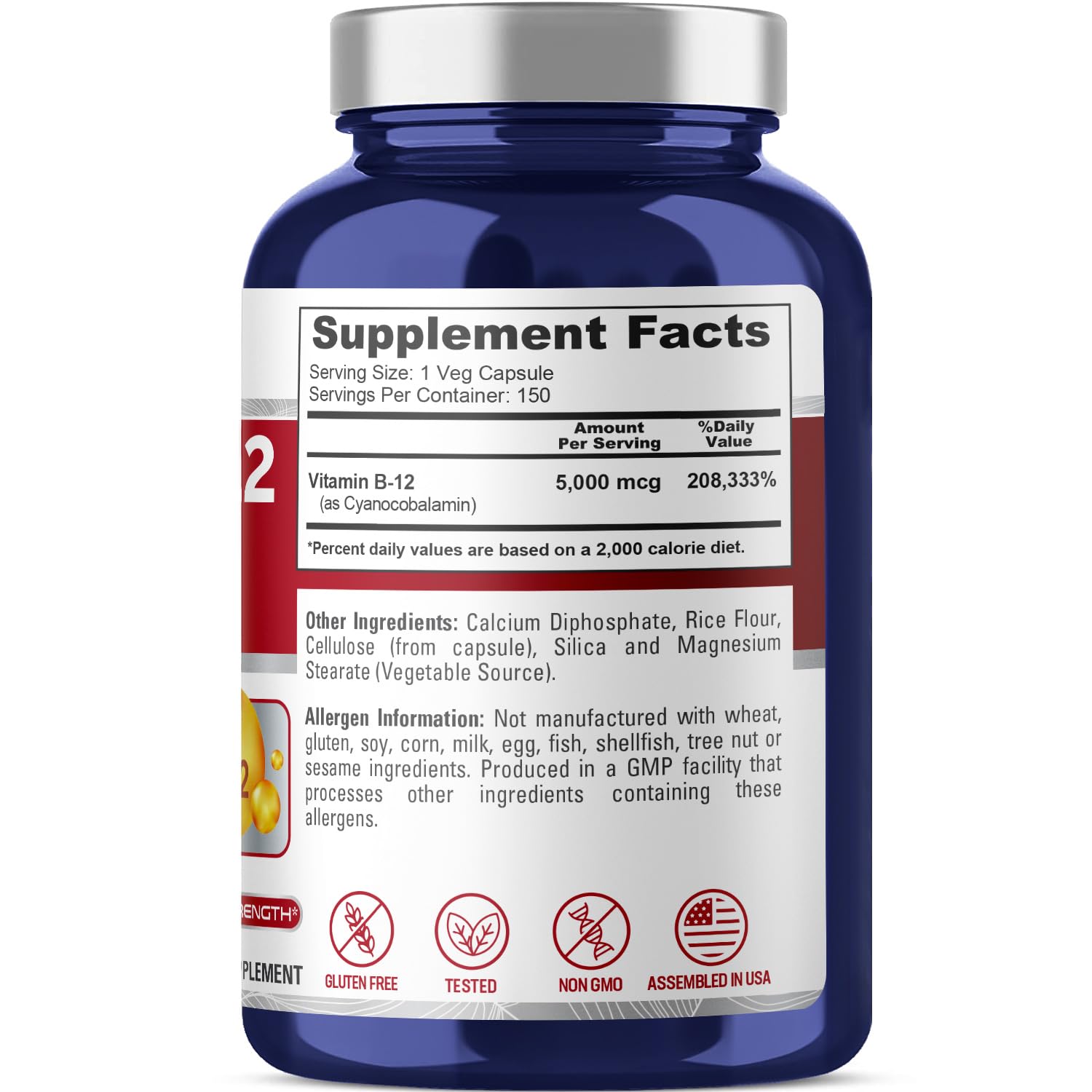 Foto 3 pulgar | Suplemento Nusapure Vitamina B12 5000 mcg 150 Cápsulas Vegetarianas - Venta Internacional