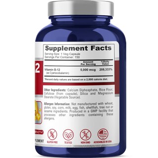 Foto 2 | Suplemento Nusapure Vitamina B12 5000 mcg 150 Cápsulas Vegetarianas - Venta Internacional