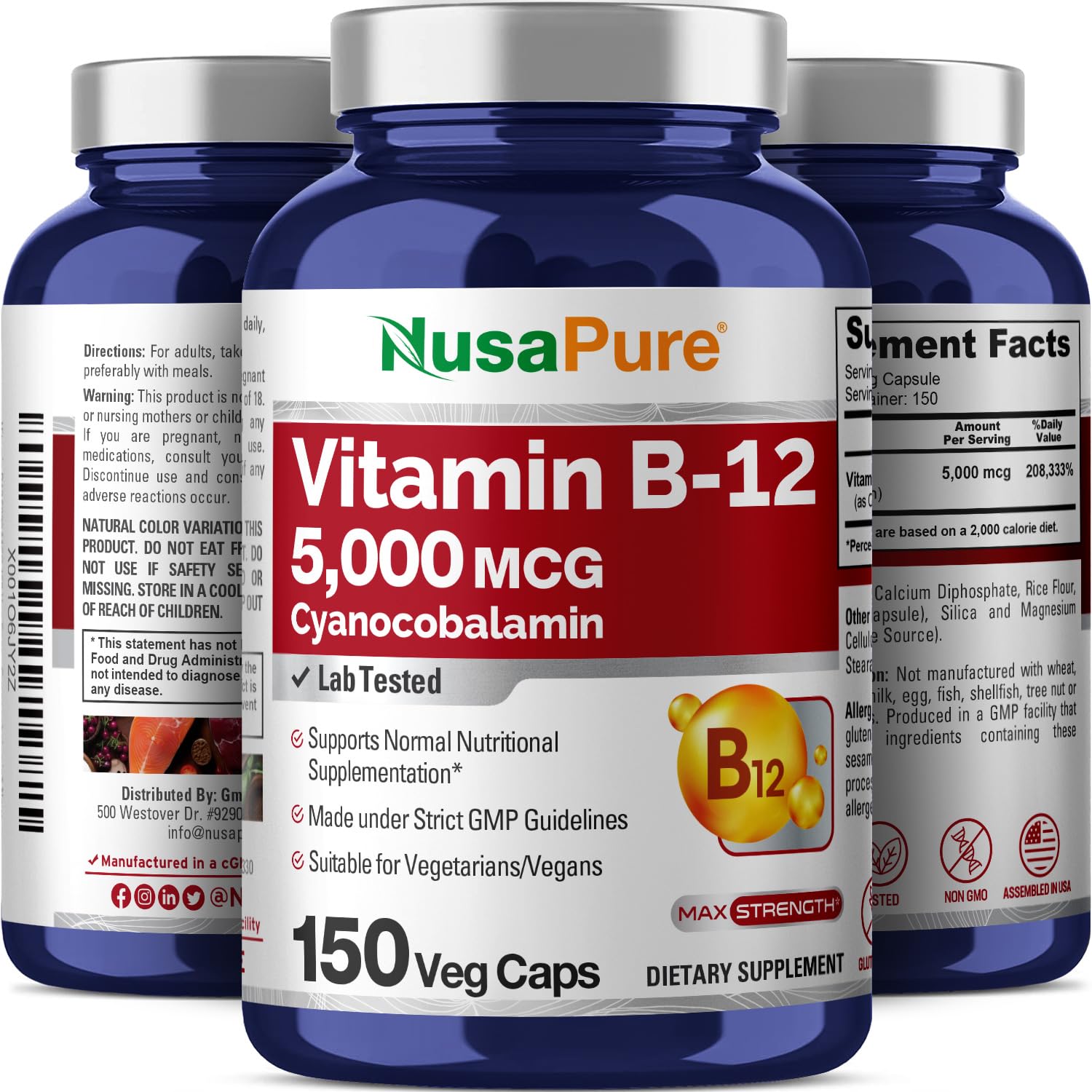 Foto 5 pulgar | Suplemento Nusapure Vitamina B12 5000 mcg 150 Cápsulas Vegetarianas - Venta Internacional