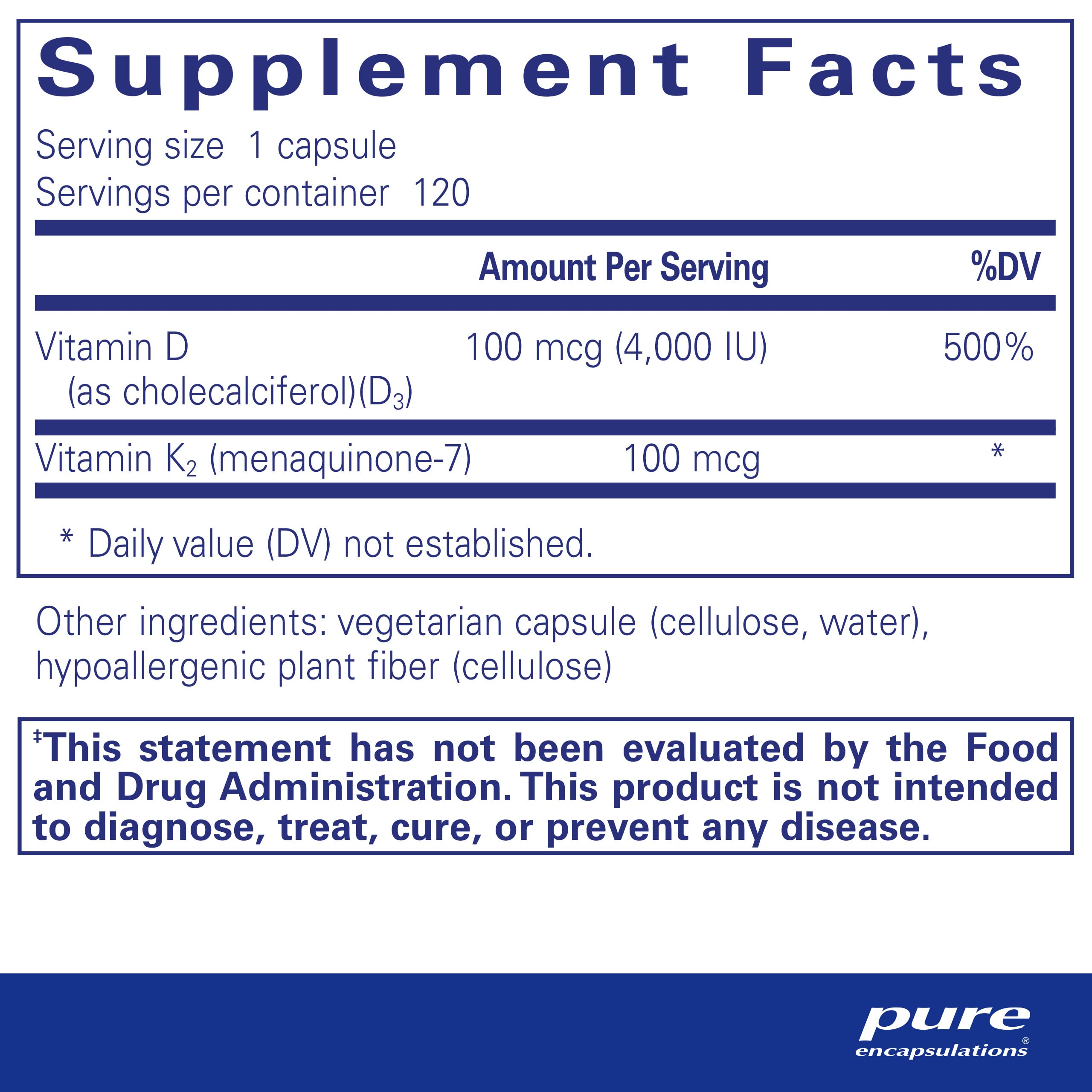 Foto 3 pulgar | Suplemento Vitamina D3 y K2 de Pure Encapsulations 120 Cápsulas - Venta Internacional
