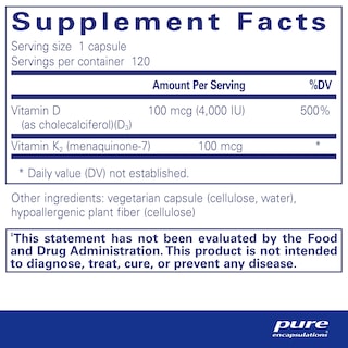 Foto 2 | Suplemento Vitamina D3 y K2 de Pure Encapsulations 120 Cápsulas - Venta Internacional