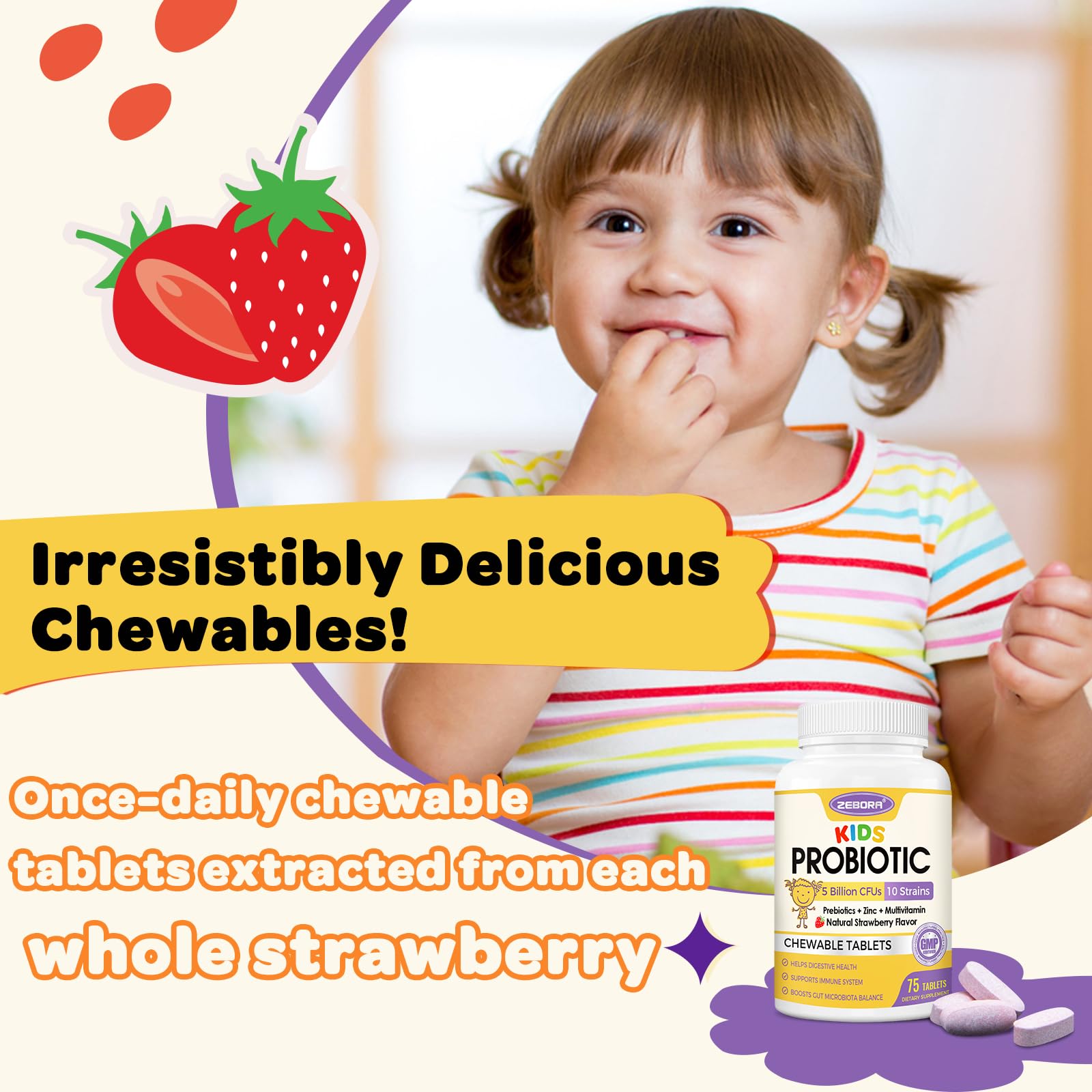 Foto 7 pulgar | Probióticos Masticables Zebora Kids Digestive Health 5b Cfu - Sabor Fresa Orgánica