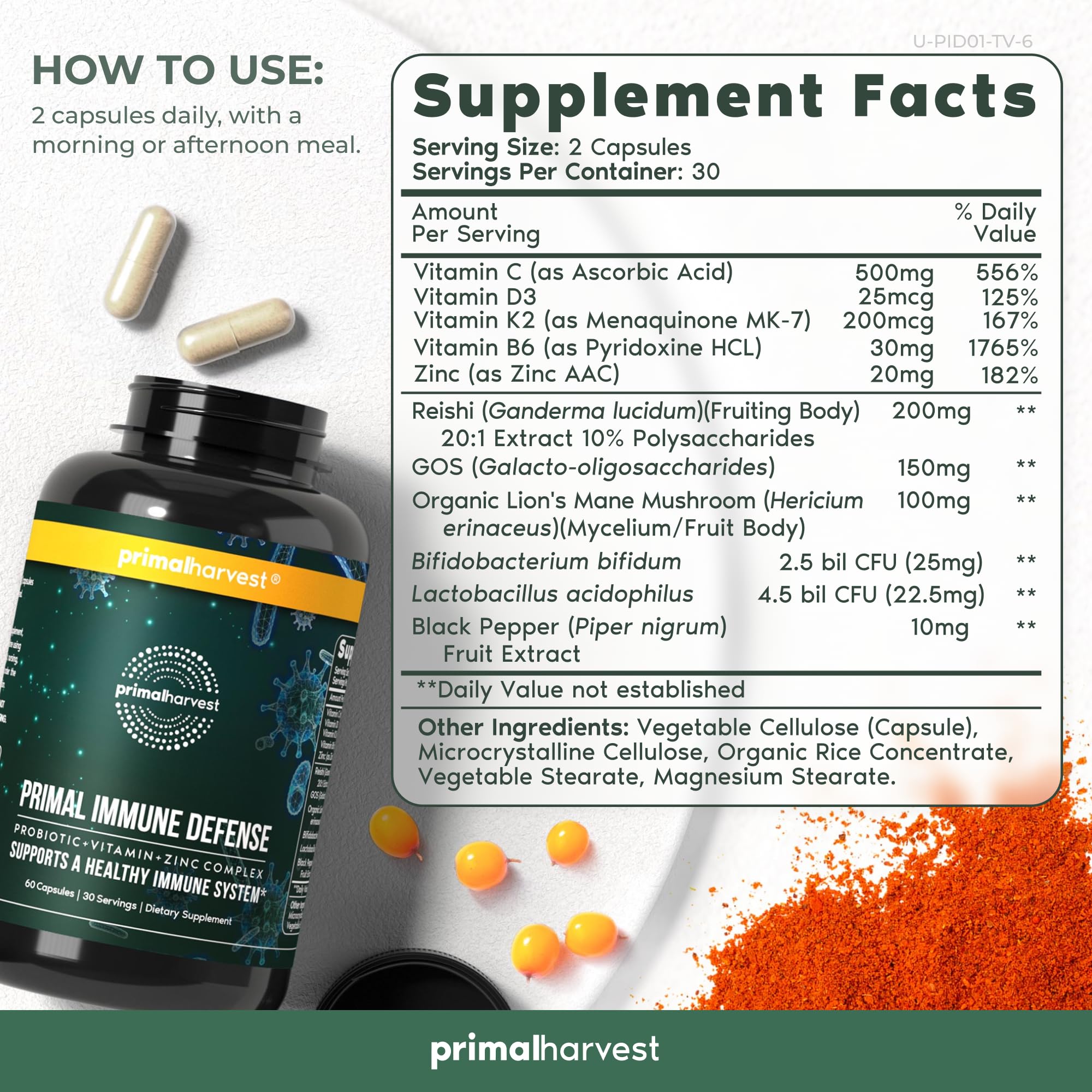 Foto 4 pulgar | Suplemento Primal Harvest Primal Immune Defense 60 Cápsulas - Venta Internacional
